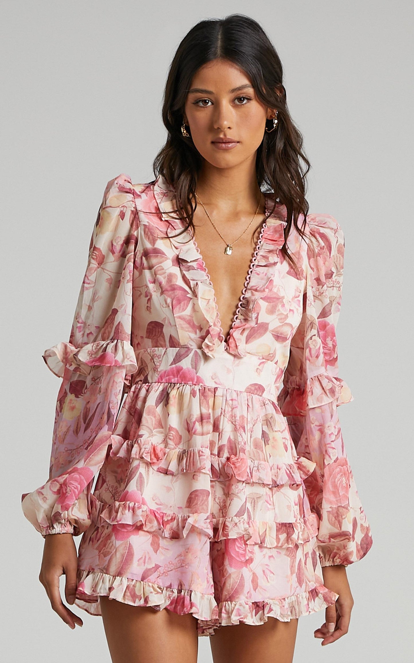 Liadi Playsuit - Longsleeve Plunge Playsuit in Soft Floral