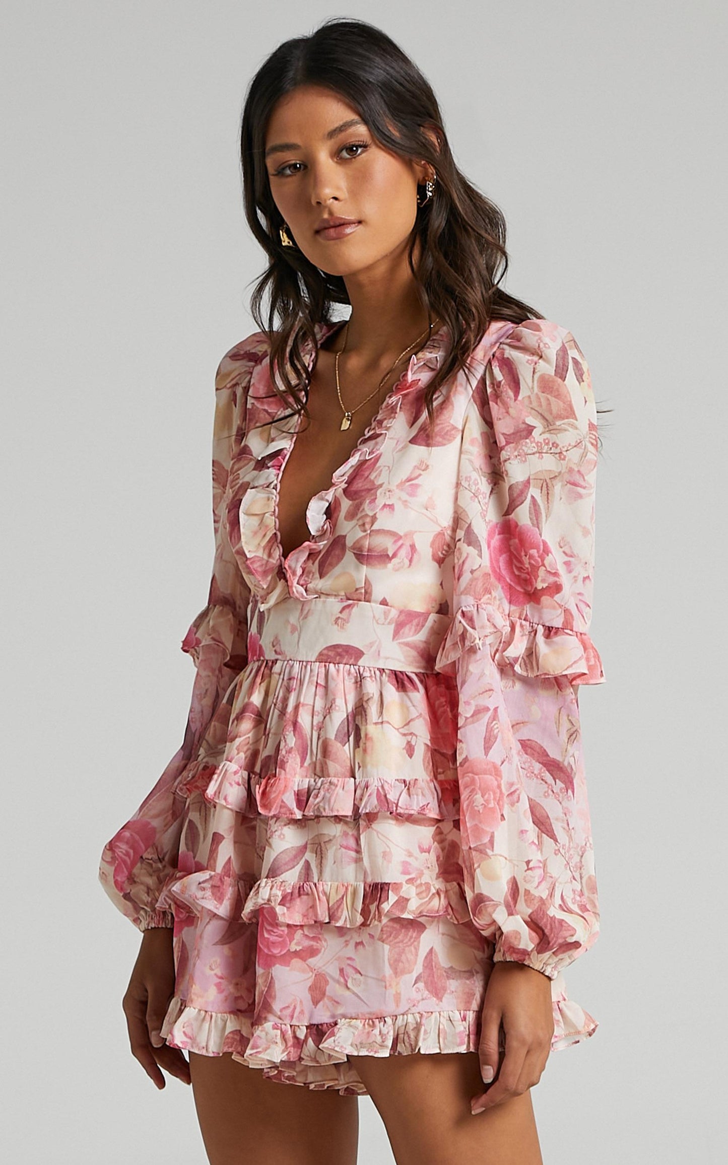 Liadi Playsuit - Longsleeve Plunge Playsuit in Soft Floral