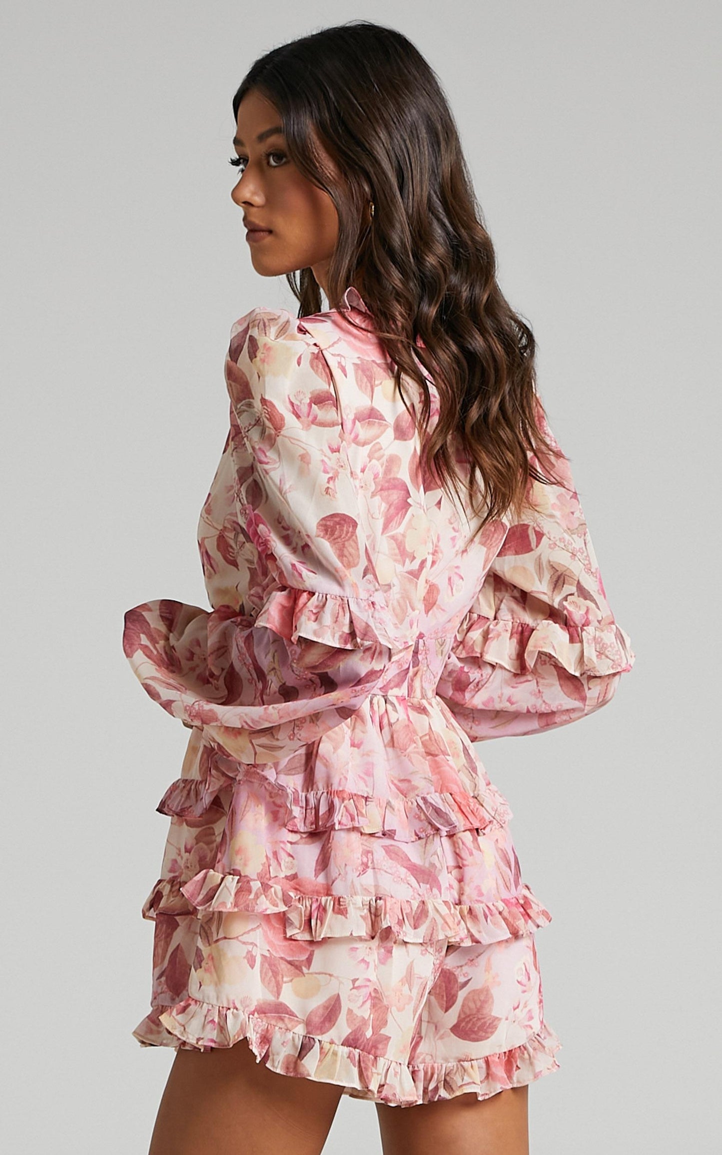 Liadi Playsuit - Longsleeve Plunge Playsuit in Soft Floral