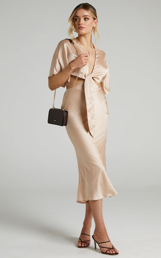Elyse Tie Front Two Piece Set in Champagne