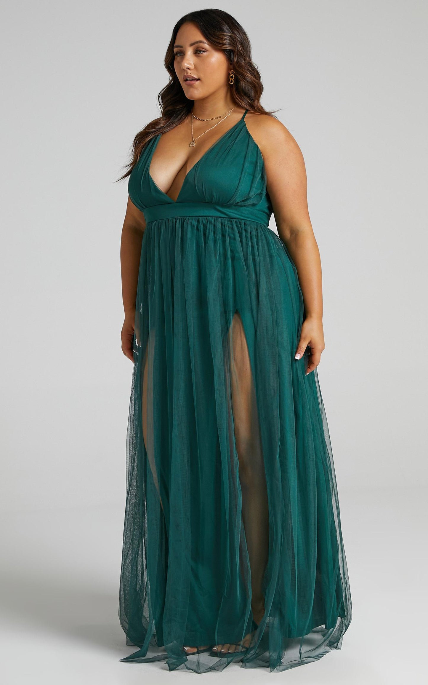 Like A Vision Midi Dress - Plunge Thigh Split Dress in Emerald Tulle
