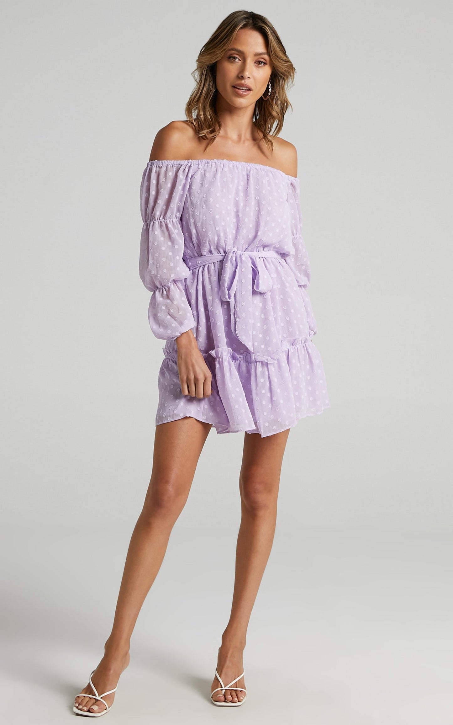 Party Life Mini Dress - Off Shoulder Tie Waist Dress in Lilac