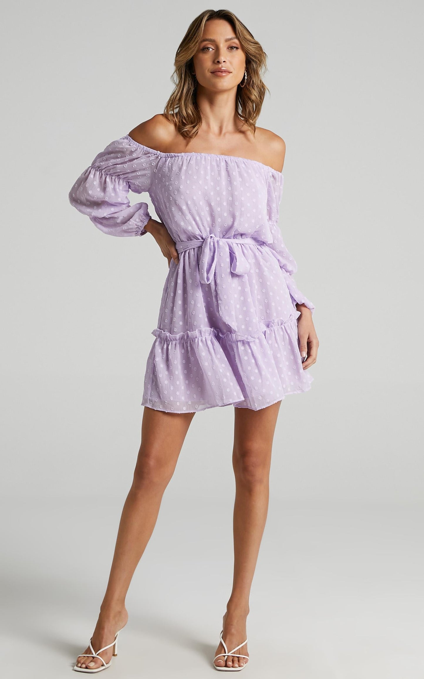 Party Life Mini Dress - Off Shoulder Tie Waist Dress in Lilac
