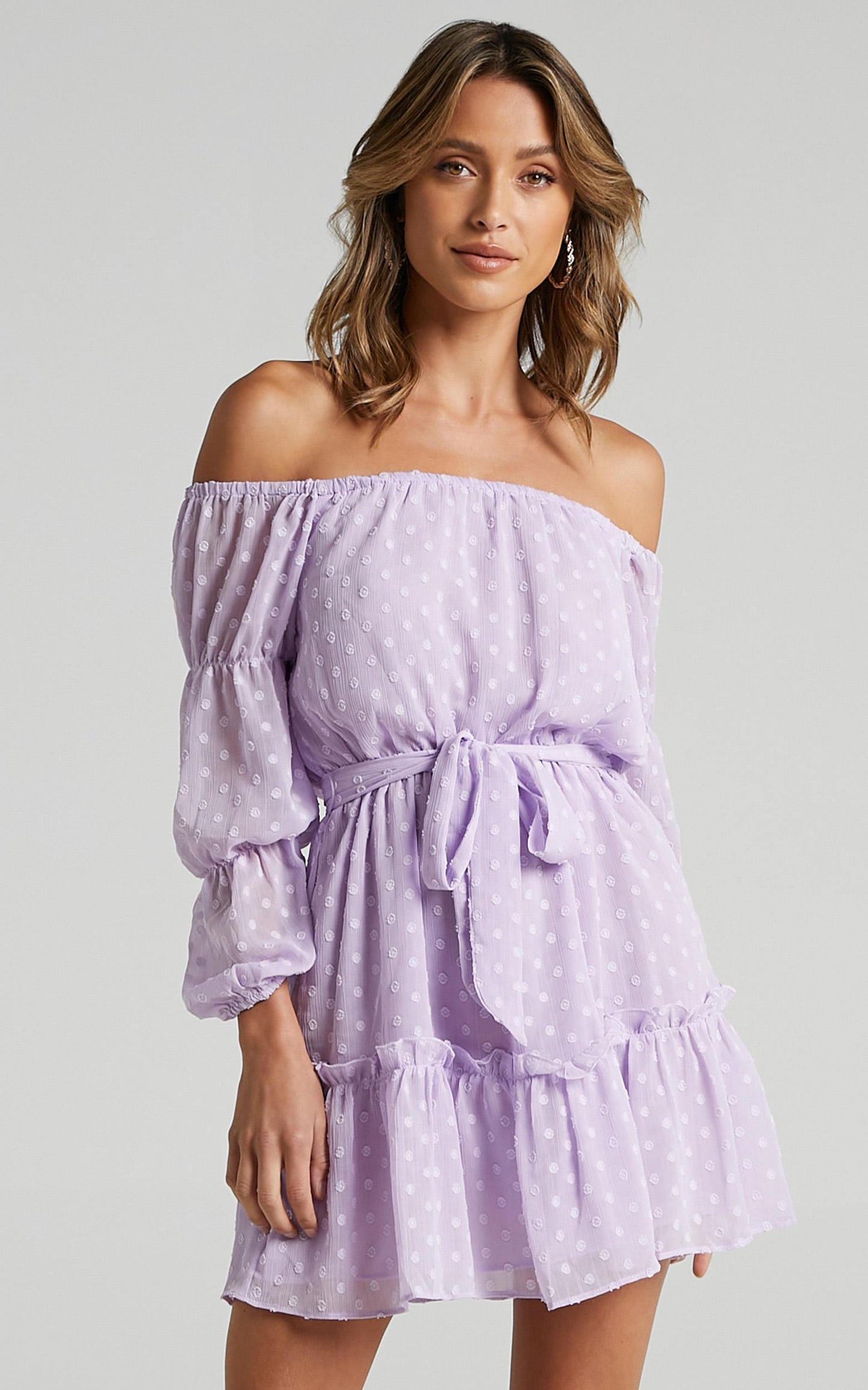 Party Life Mini Dress - Off Shoulder Tie Waist Dress in Lilac