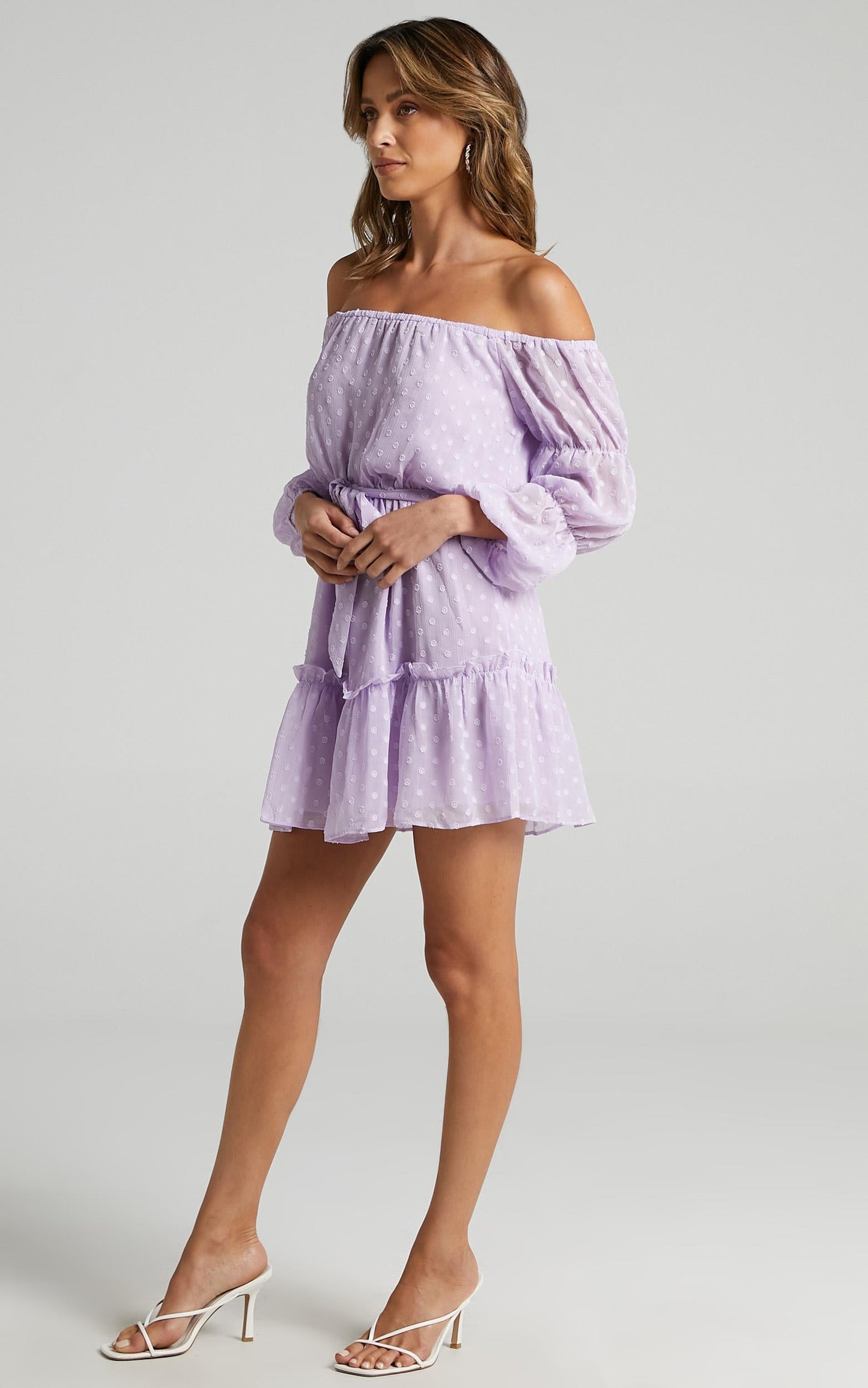 Party Life Mini Dress - Off Shoulder Tie Waist Dress in Lilac