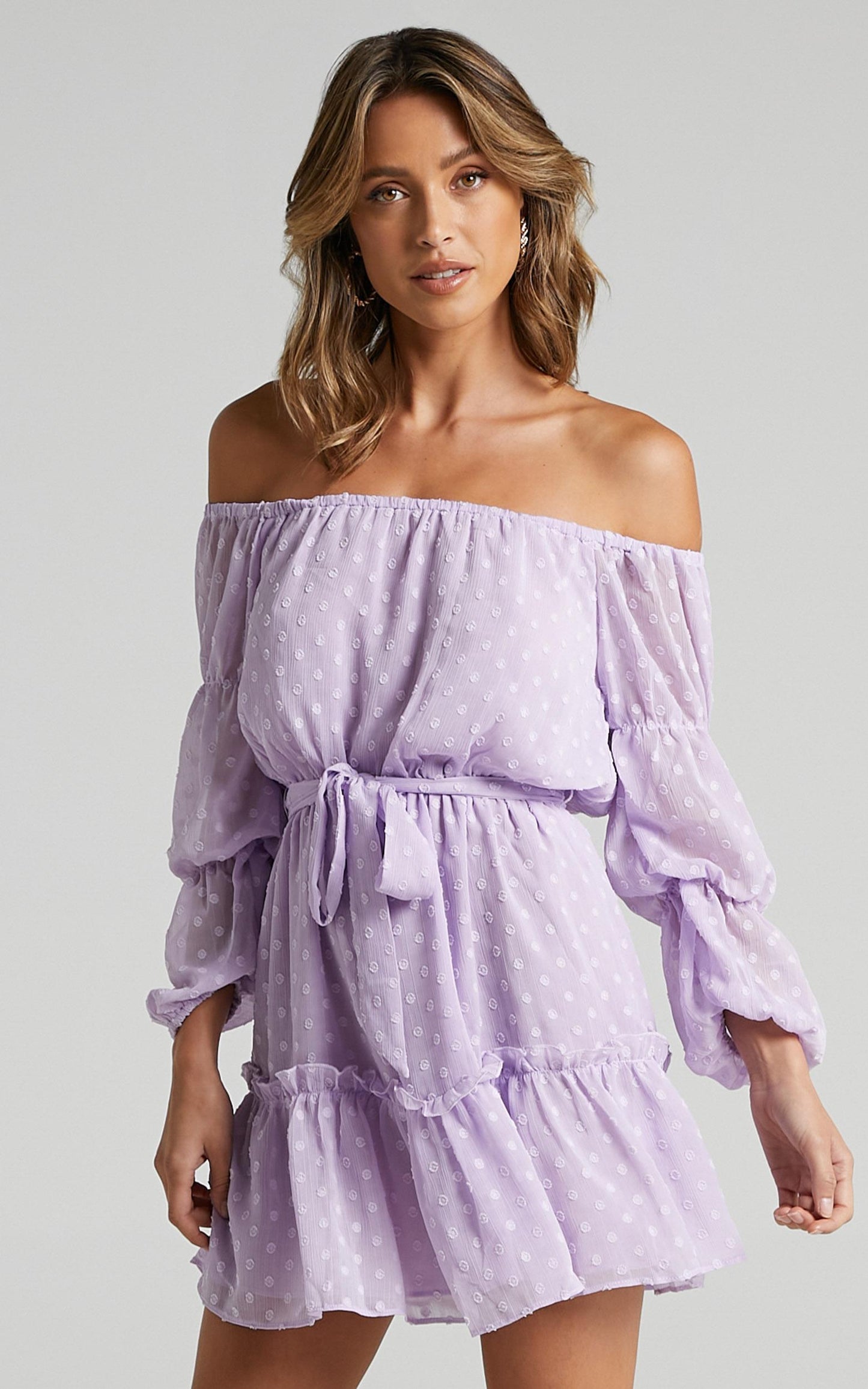 Party Life Mini Dress - Off Shoulder Tie Waist Dress in Lilac