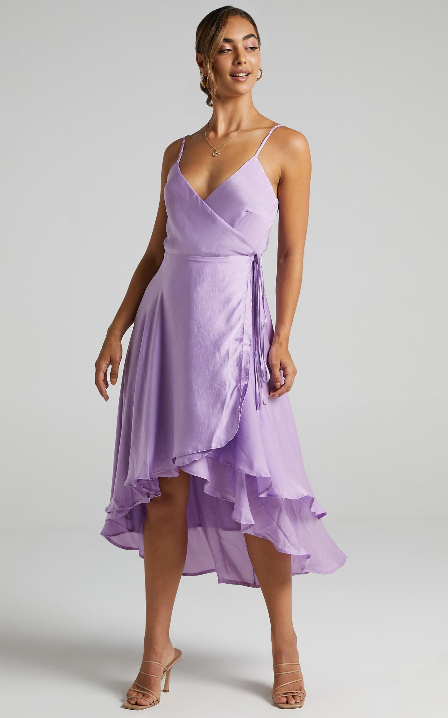 Between Fantasy Midi Dress in Lilac Satin