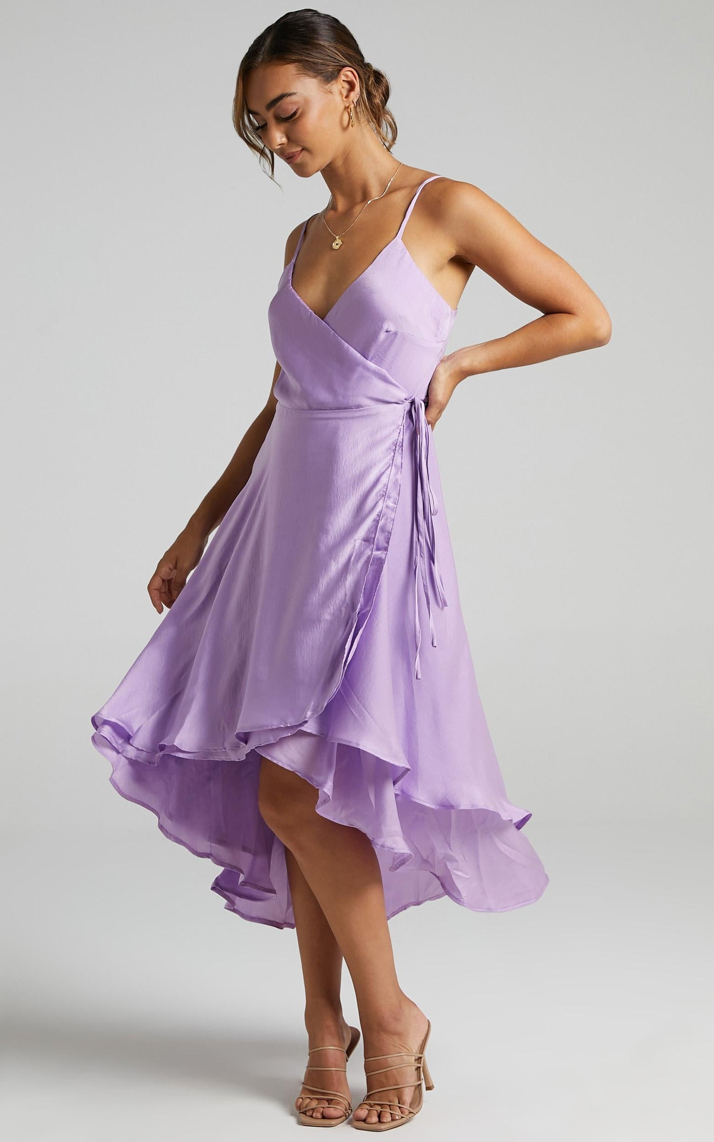 Between Fantasy Midi Dress in Lilac Satin