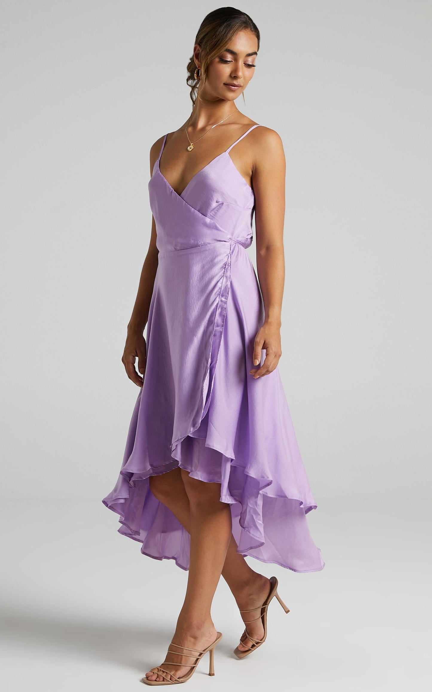 Between Fantasy Midi Dress in Lilac Satin