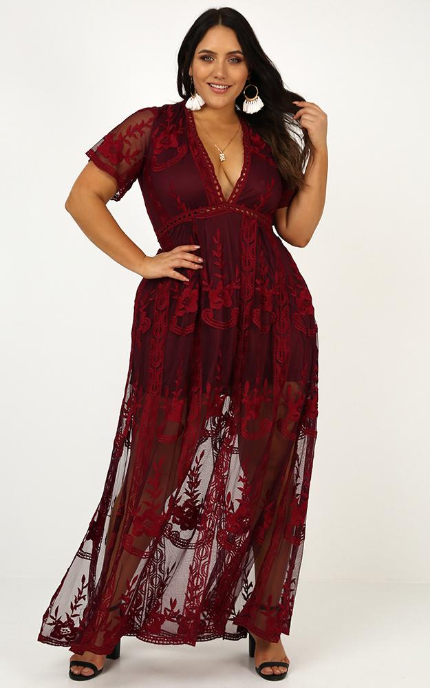 Love Spell Maxi Dress In Wine Lace