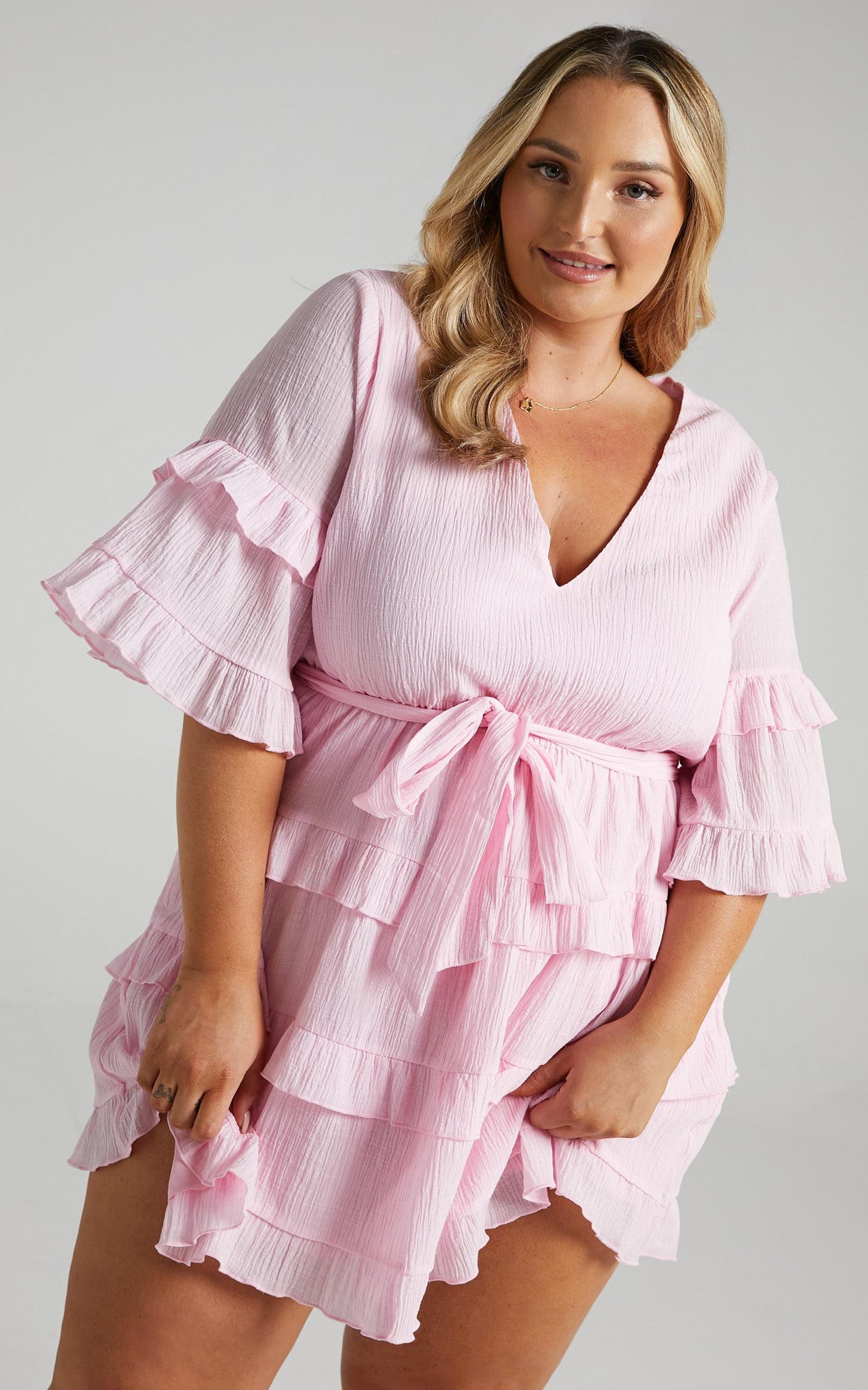 Meet Me In The Sun Mini Dress - Tie Waist Tiered Dress in Pink
