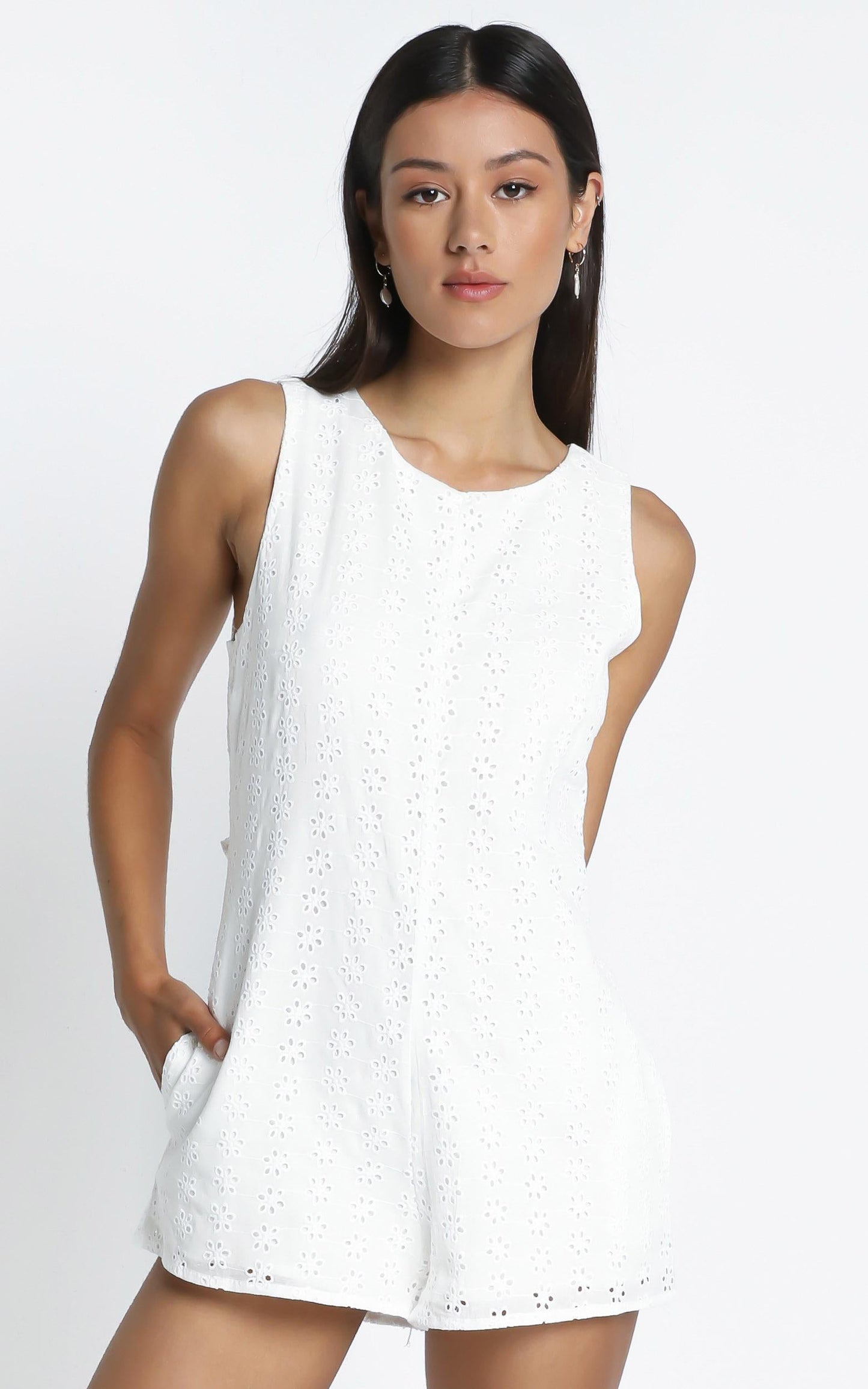 Mael Embroidery Playsuit in White