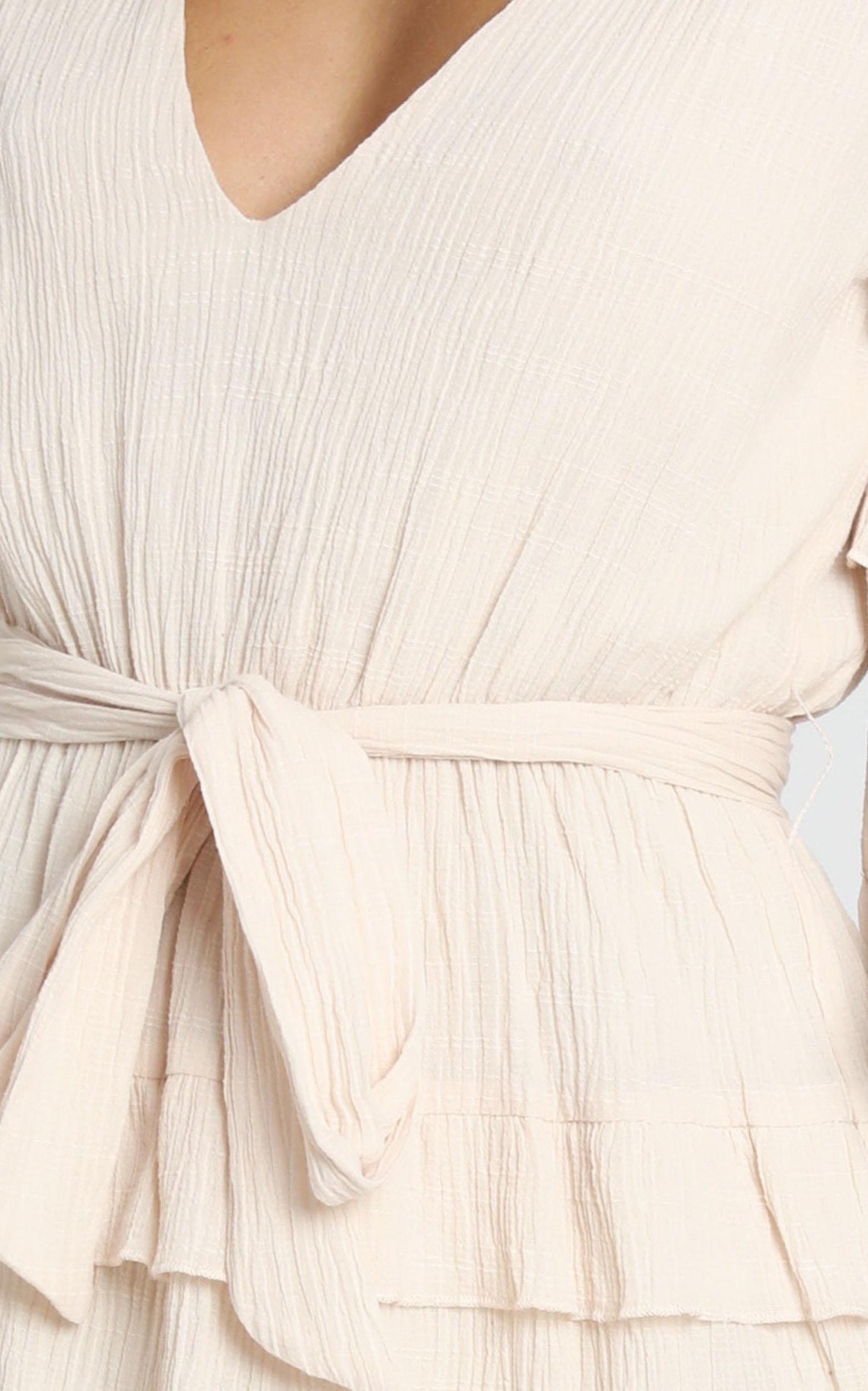 Meet Me In The Sun Tie Waist Tiered Mini Dress in Natural