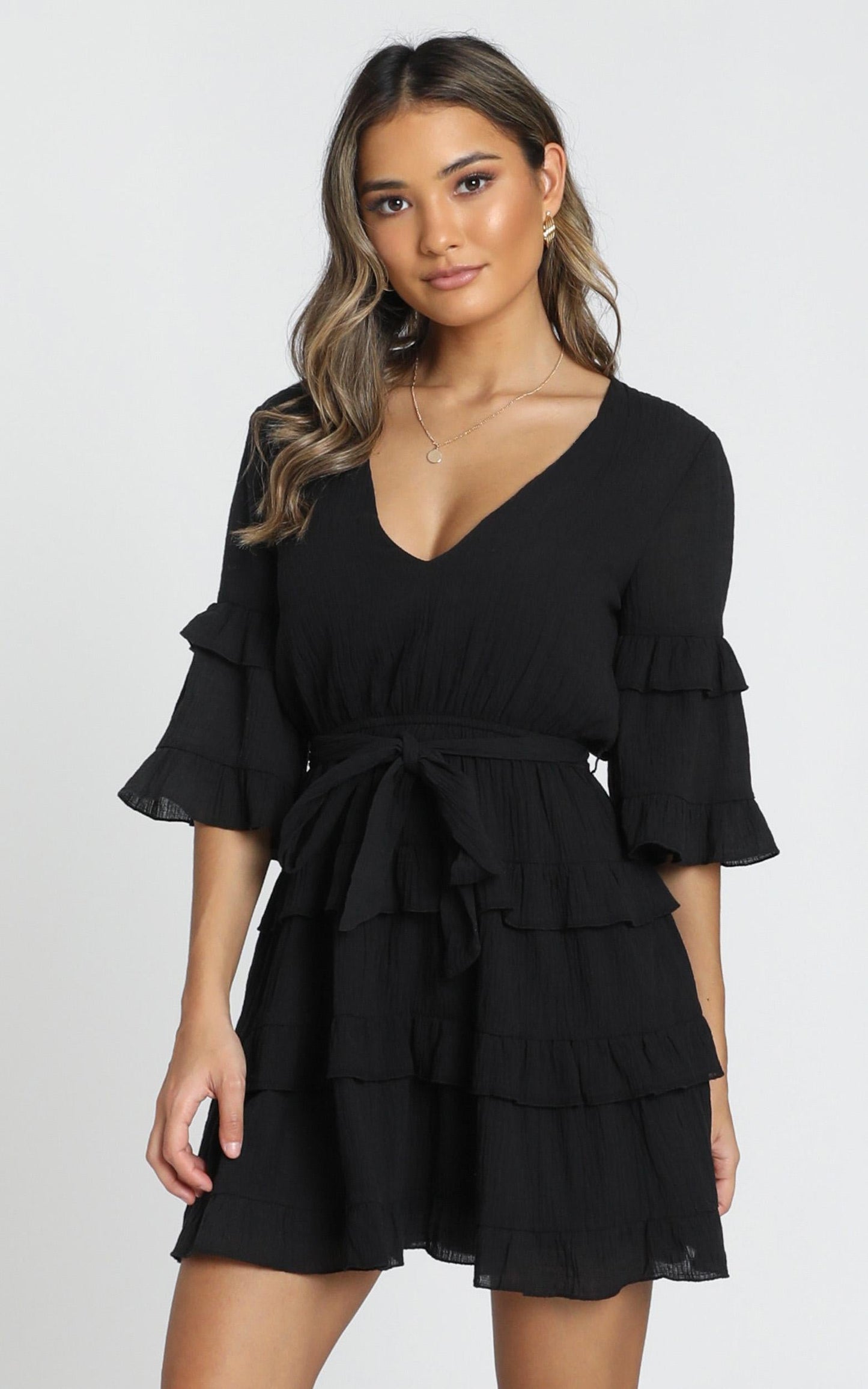 Meet Me In The Sun Mini Dress - Tie Waist Tiered Dress in Black