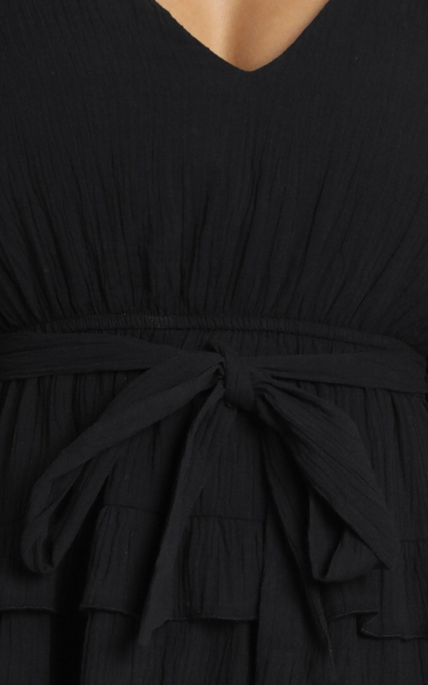 Meet Me In The Sun Mini Dress - Tie Waist Tiered Dress in Black