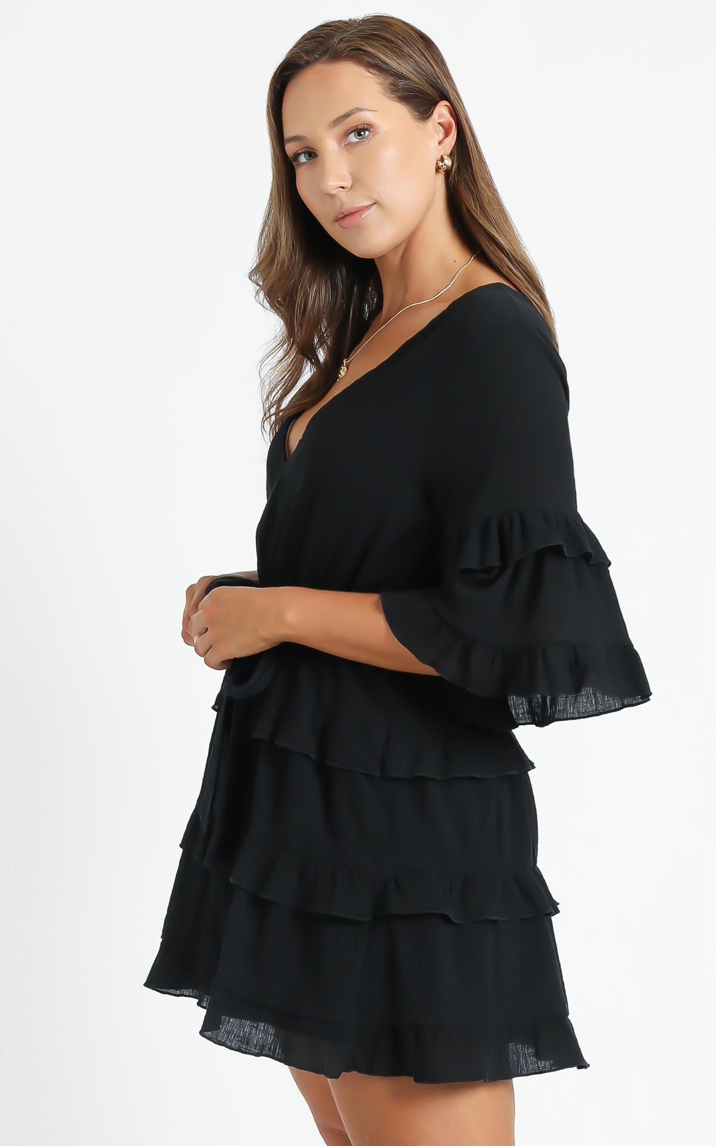 Meet Me In The Sun Mini Dress - Tie Waist Tiered Dress in Black