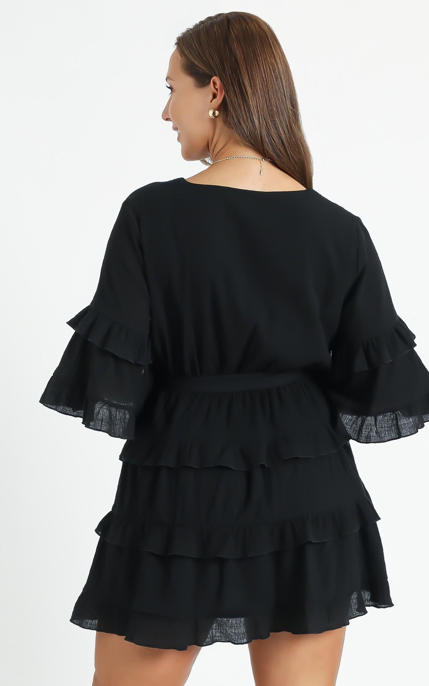 Meet Me In The Sun Mini Dress - Tie Waist Tiered Dress in Black