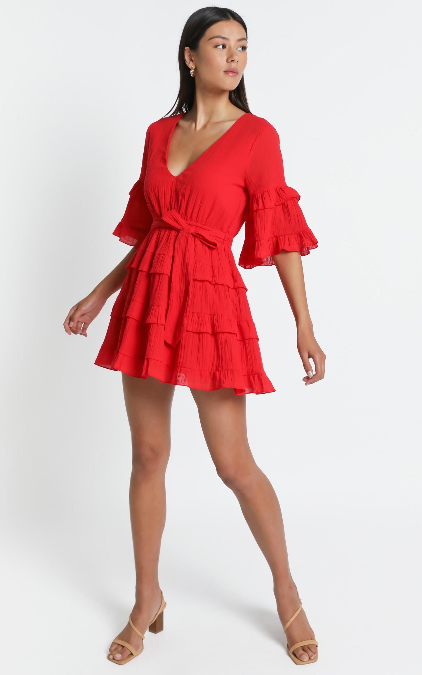 Meet Me In The Sun Mini Dress - Tie Waist Tiered Dress in Red