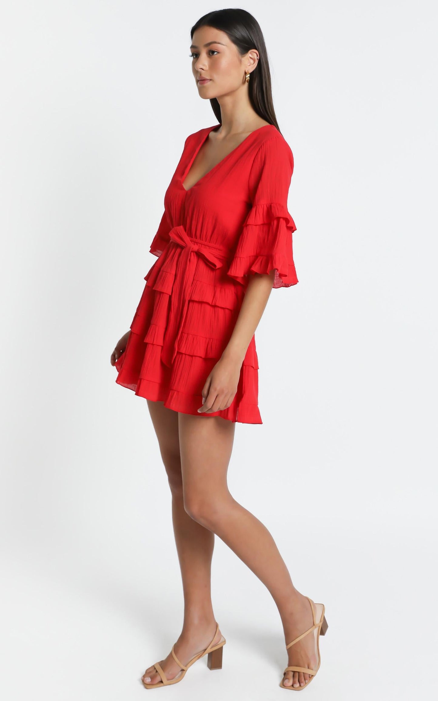 Meet Me In The Sun Mini Dress - Tie Waist Tiered Dress in Red