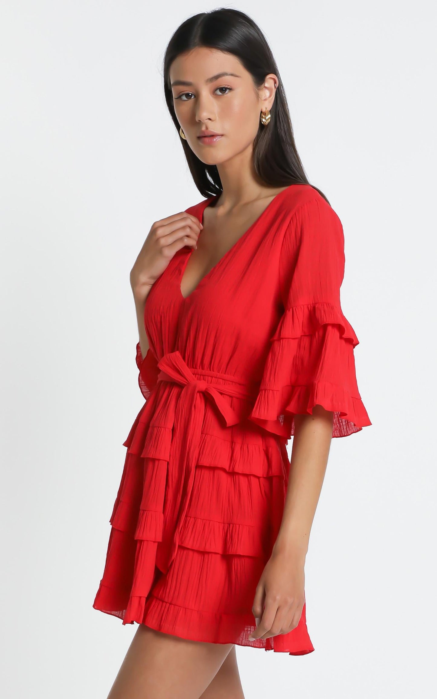 Meet Me In The Sun Mini Dress - Tie Waist Tiered Dress in Red