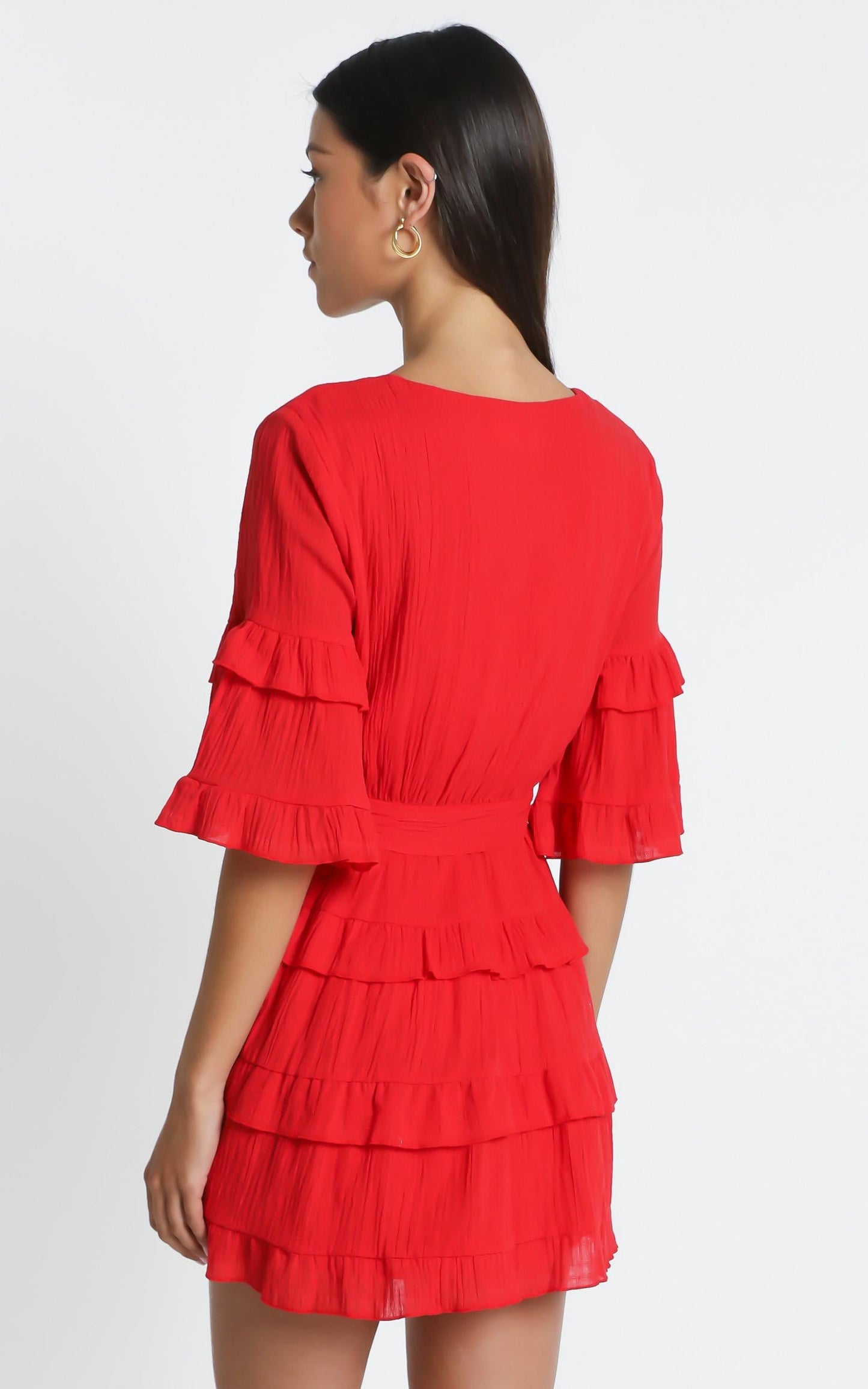 Meet Me In The Sun Mini Dress - Tie Waist Tiered Dress in Red
