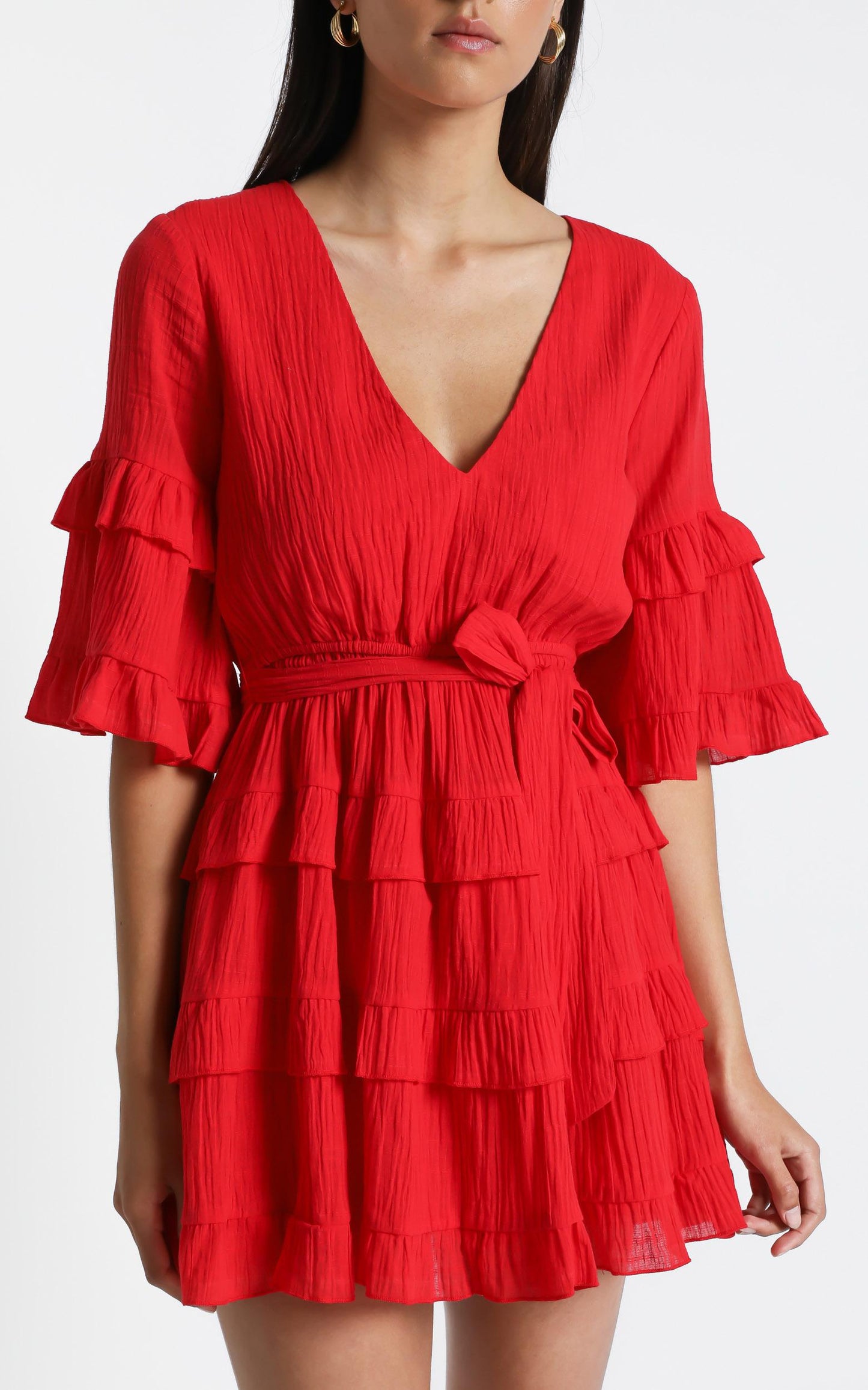 Meet Me In The Sun Mini Dress - Tie Waist Tiered Dress in Red