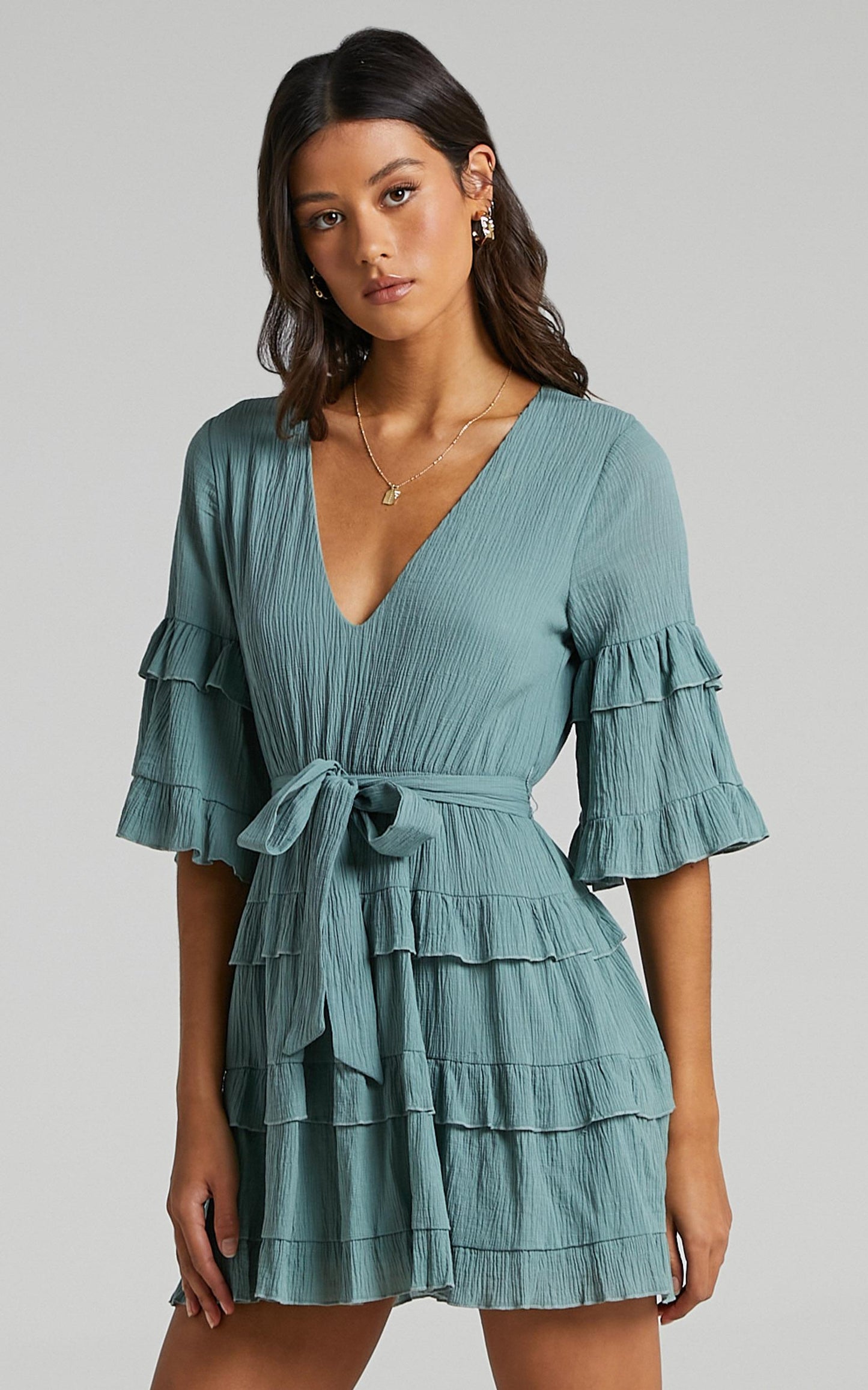 Meet Me In The Sun Mini Dress - Tie Waist Tiered Dress in Sage