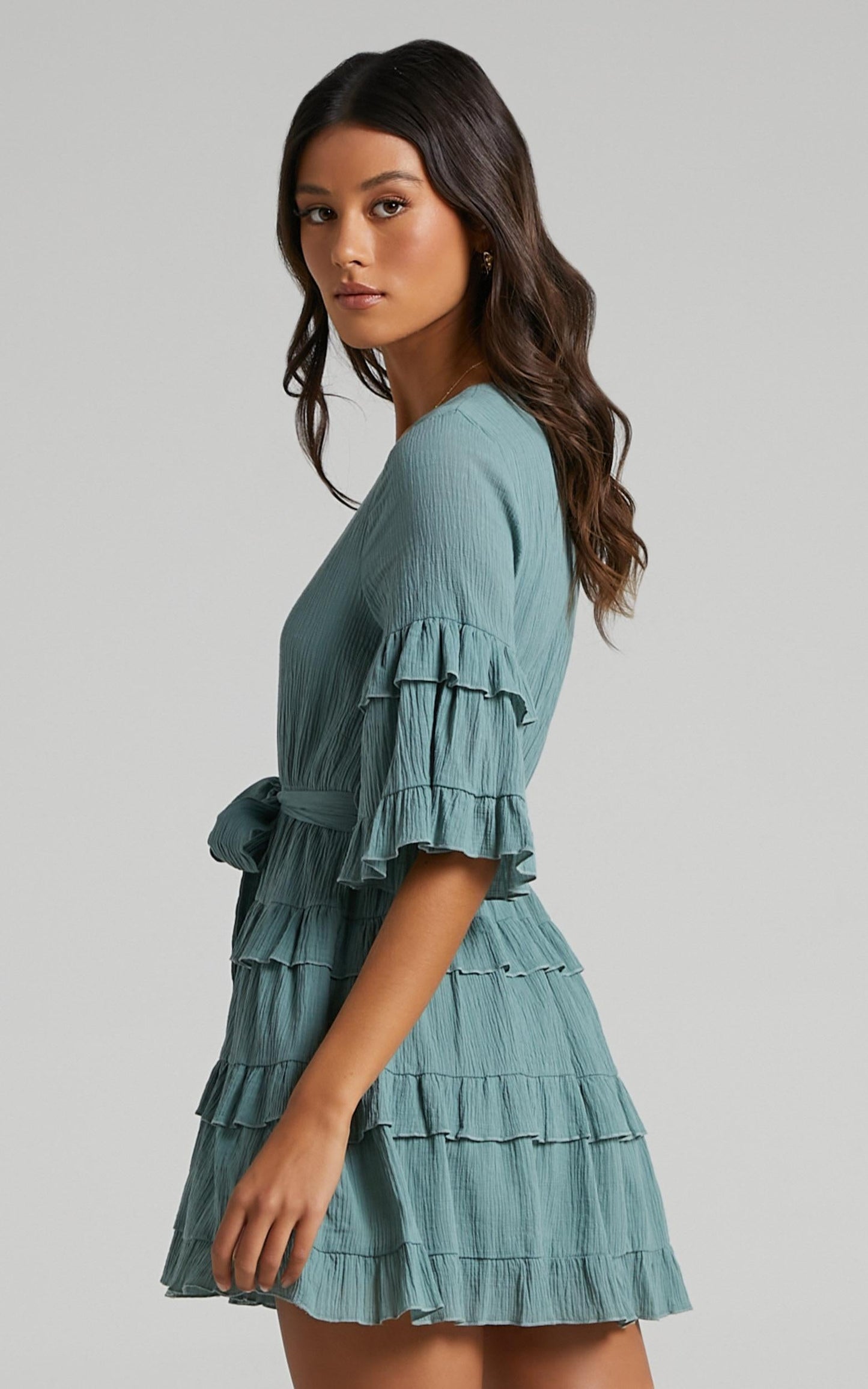 Meet Me In The Sun Mini Dress - Tie Waist Tiered Dress in Sage
