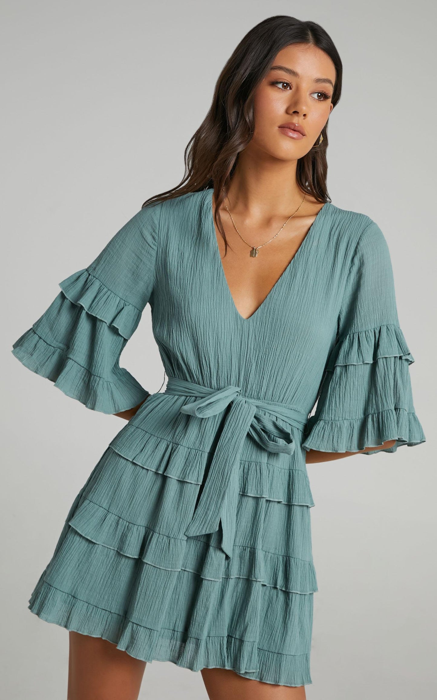 Meet Me In The Sun Mini Dress - Tie Waist Tiered Dress in Sage