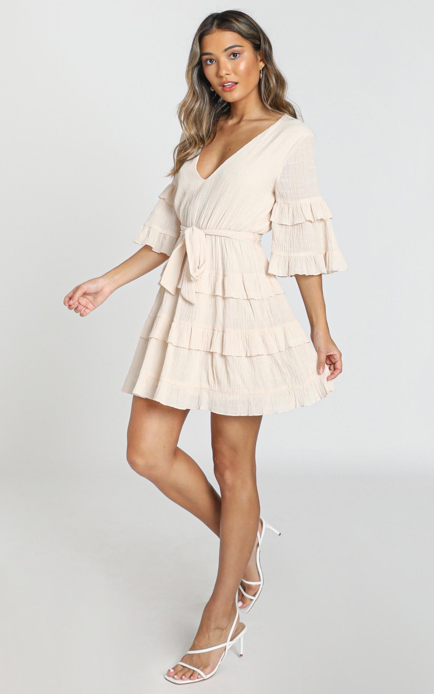 Meet Me In The Sun Tie Waist Tiered Mini Dress in Natural