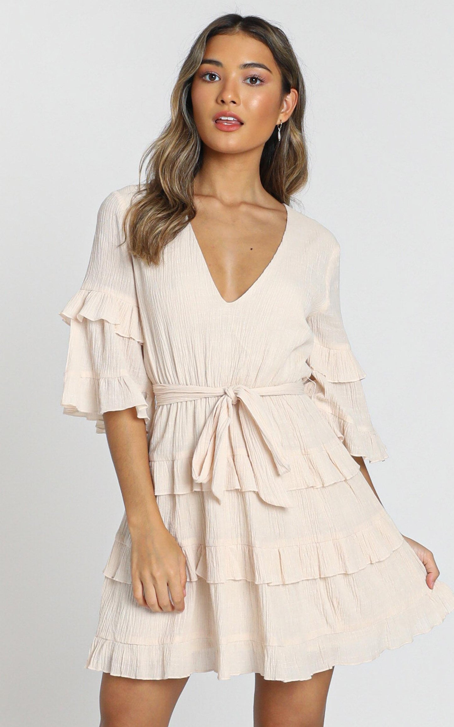 Meet Me In The Sun Tie Waist Tiered Mini Dress in Natural