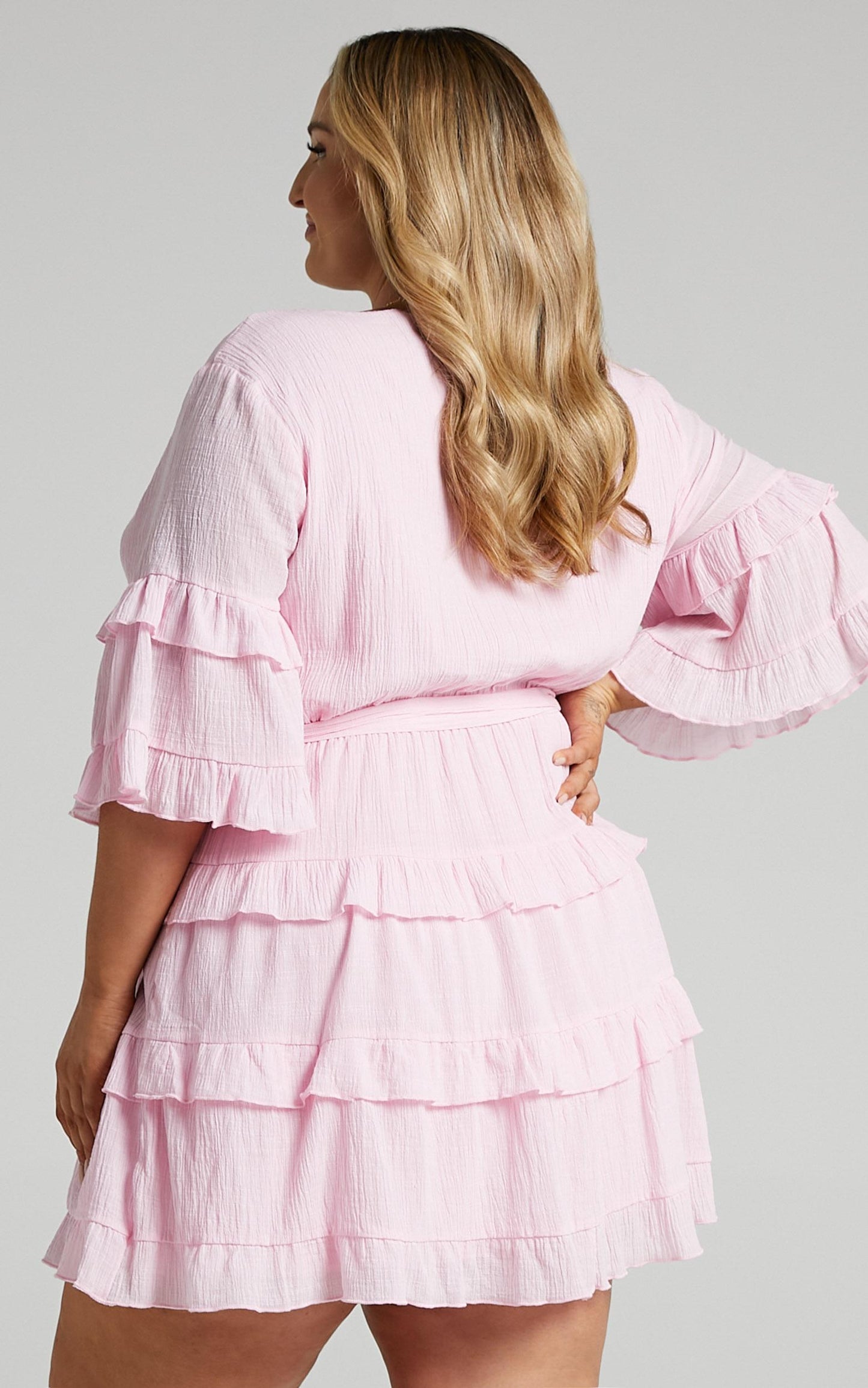Meet Me In The Sun Mini Dress - Tie Waist Tiered Dress in Pink