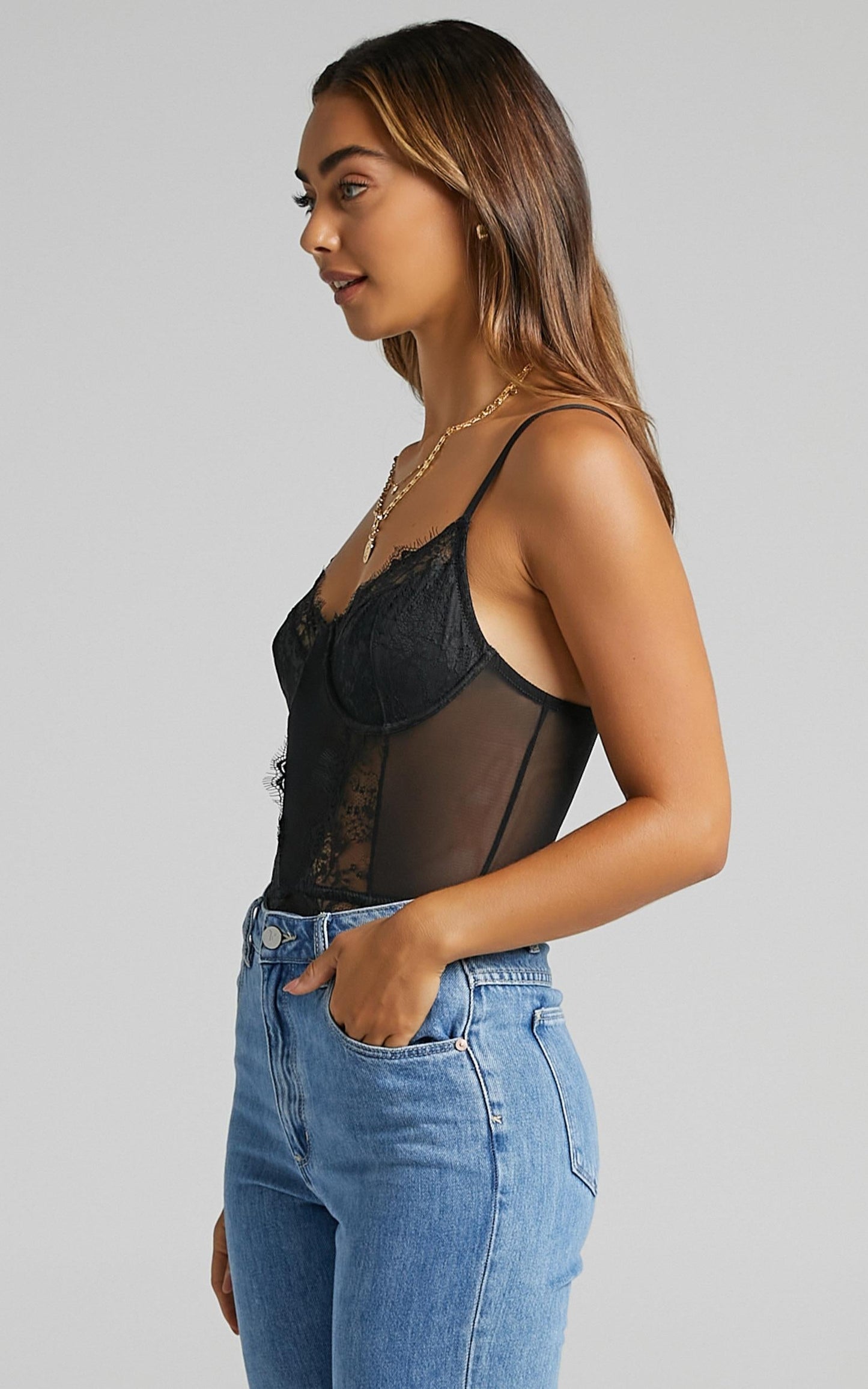Melisa Panelled bodysuit in Black Lace