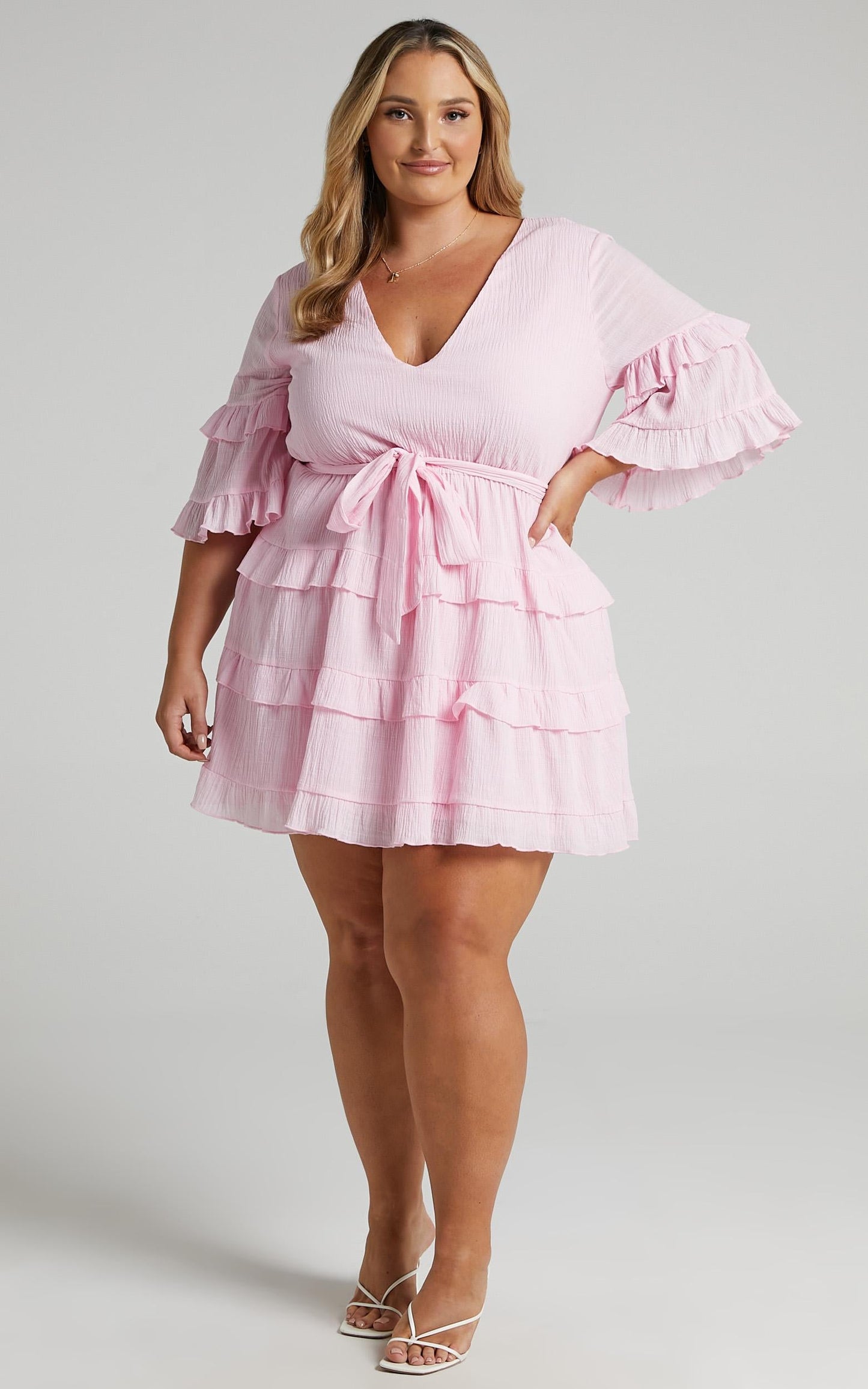 Meet Me In The Sun Mini Dress - Tie Waist Tiered Dress in Pink