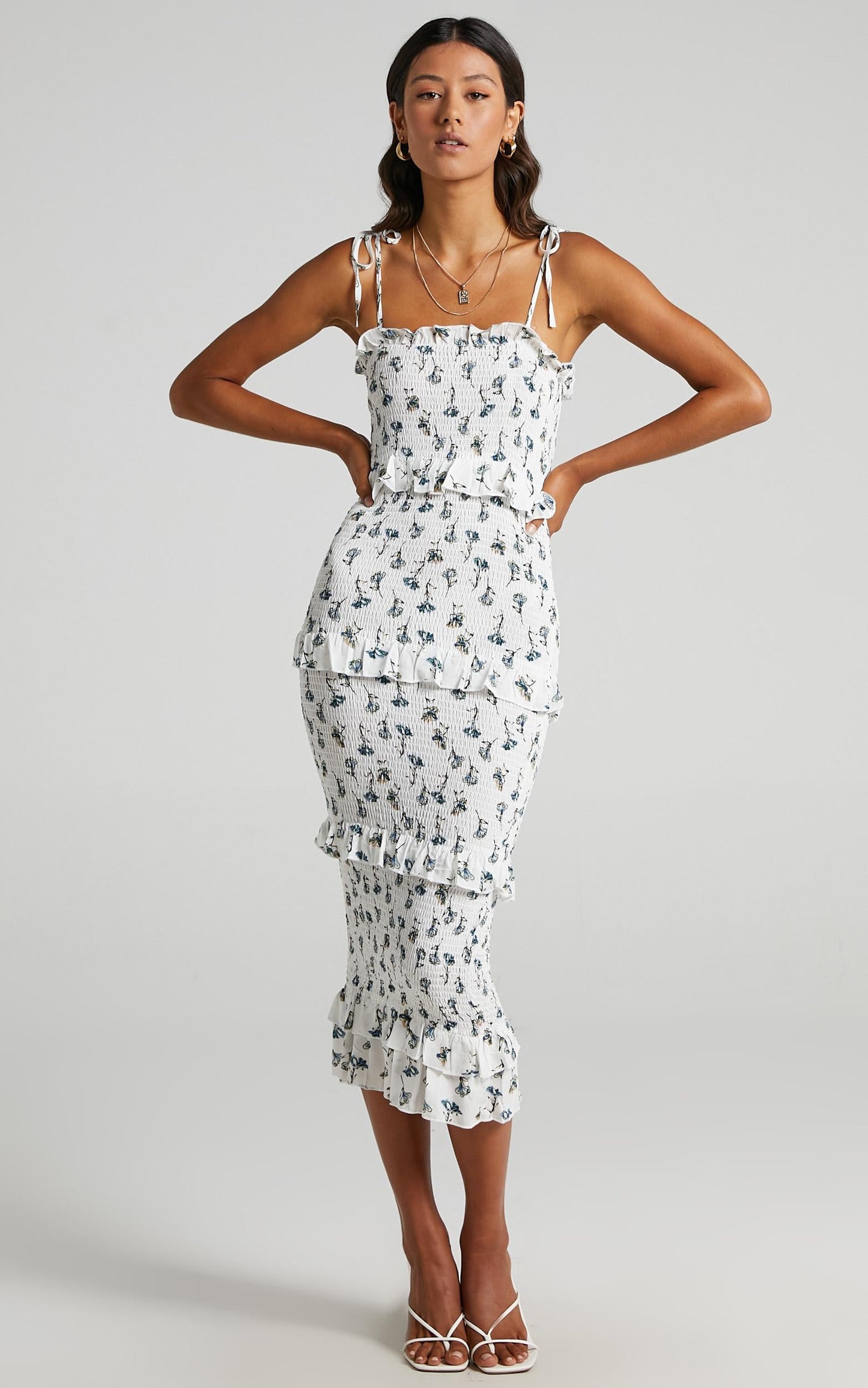 My Favourite Thing Shirred Midi Dress in White Floral