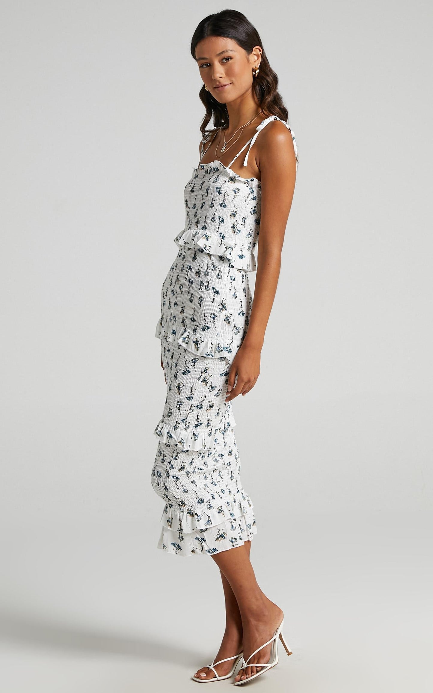 My Favourite Thing Shirred Midi Dress in White Floral