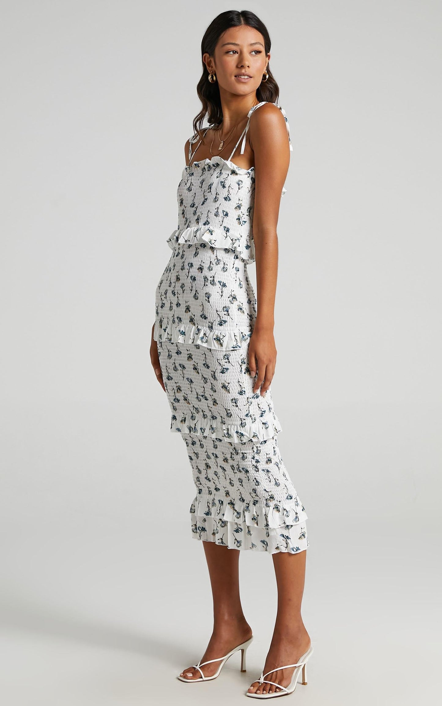 My Favourite Thing Shirred Midi Dress in White Floral