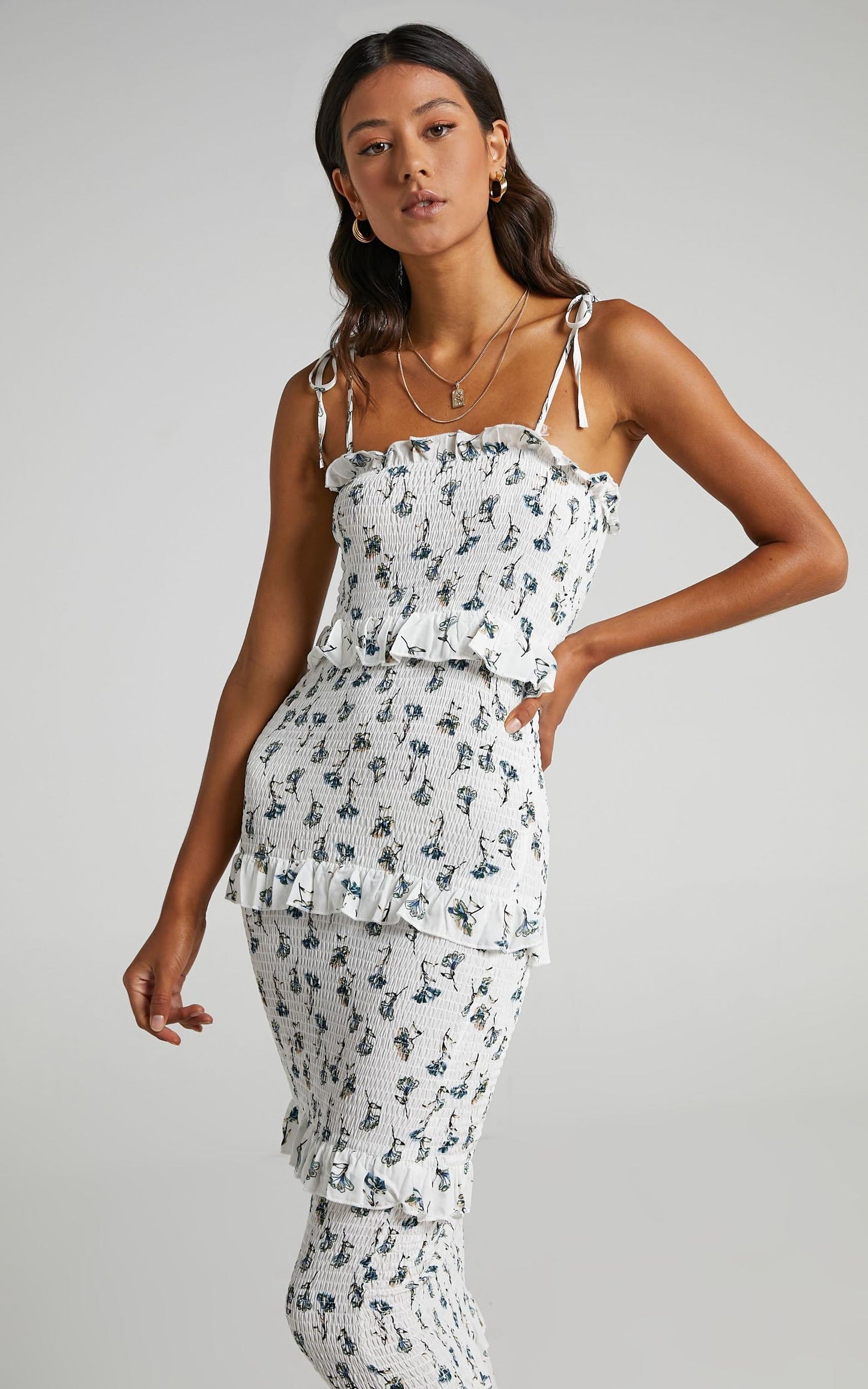 My Favourite Thing Shirred Midi Dress in White Floral