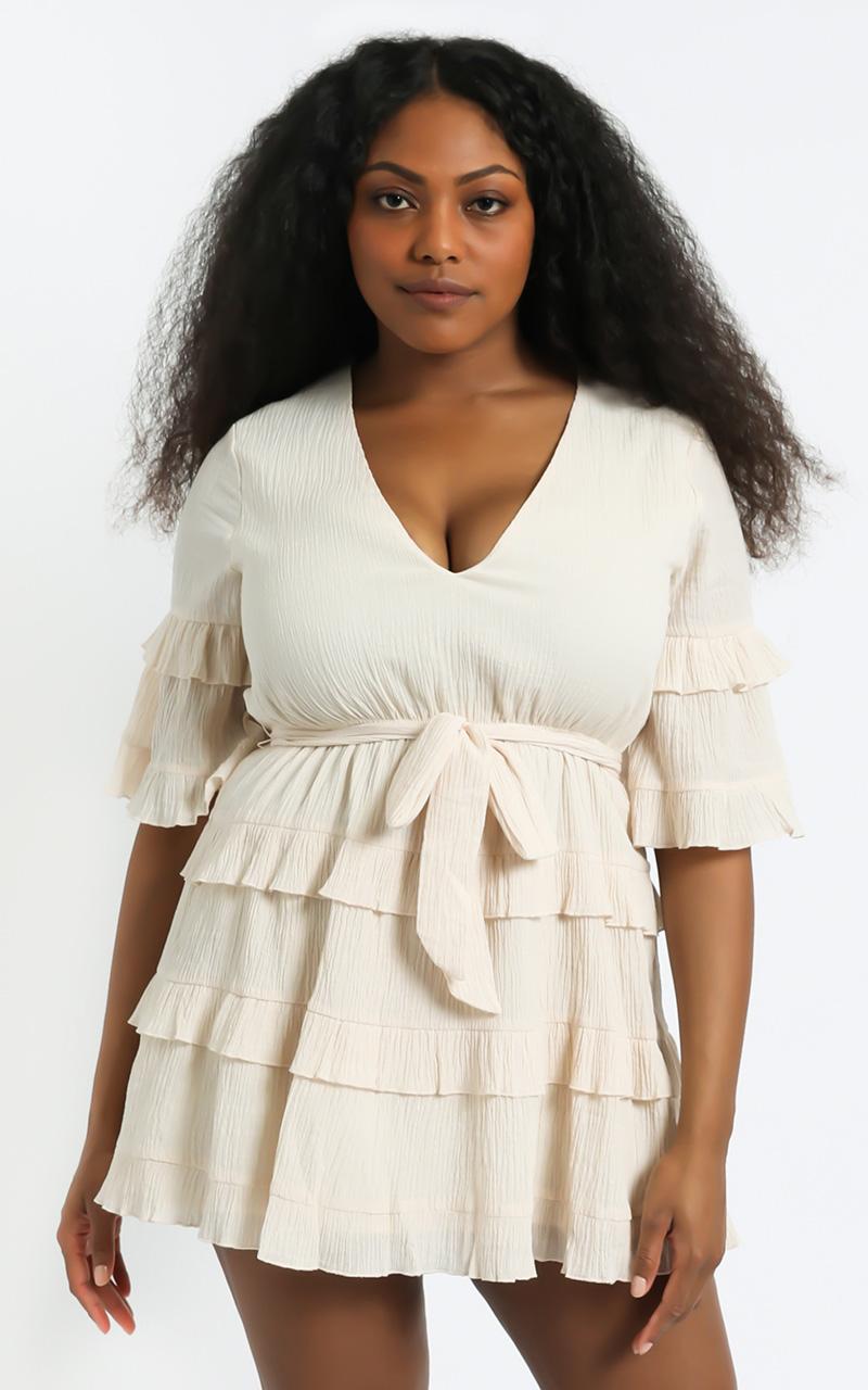 Meet Me In The Sun Tie Waist Tiered Mini Dress in Natural