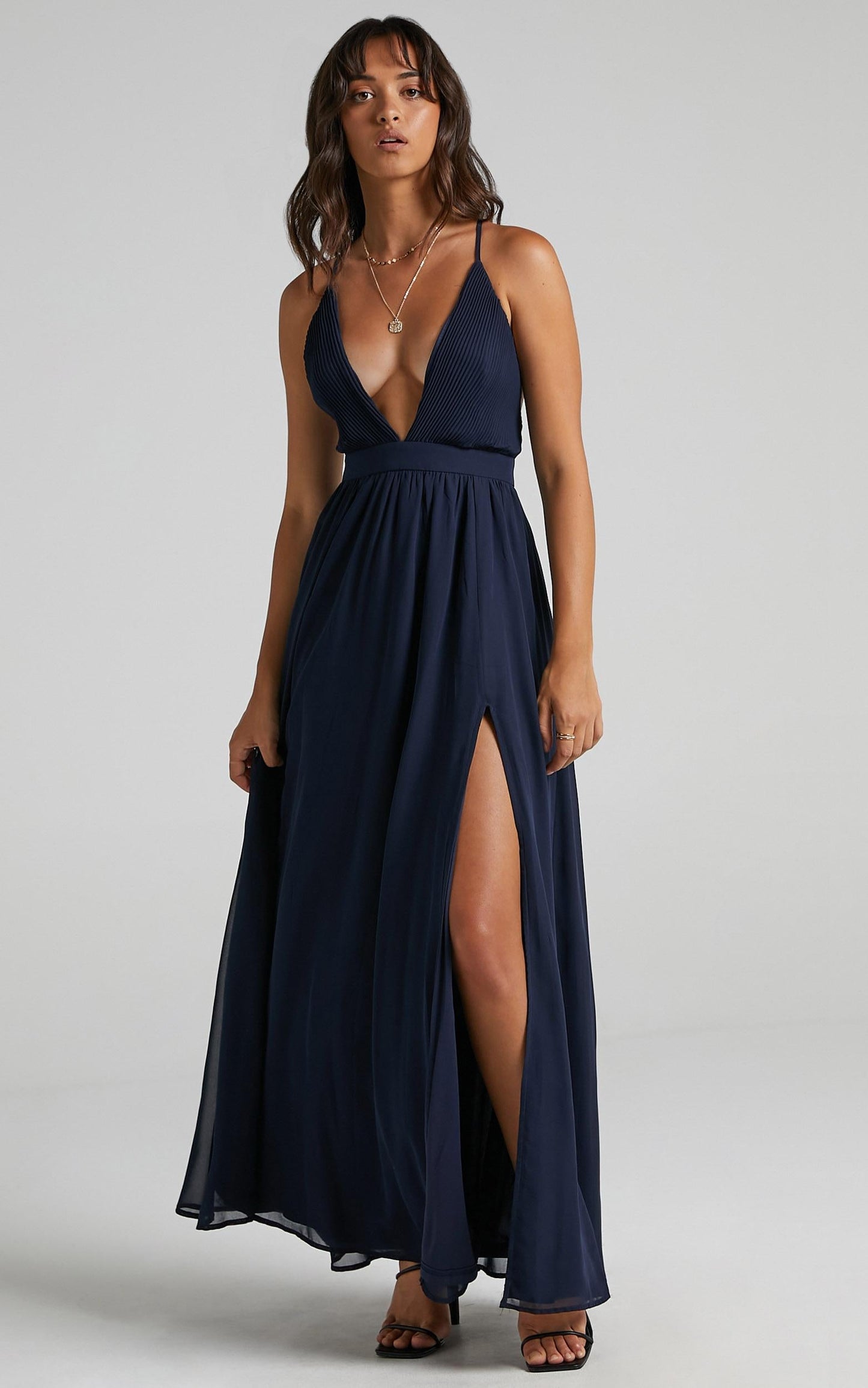 Shes A Delight Midi Dress - Plunge Thigh Split Dress in Navy