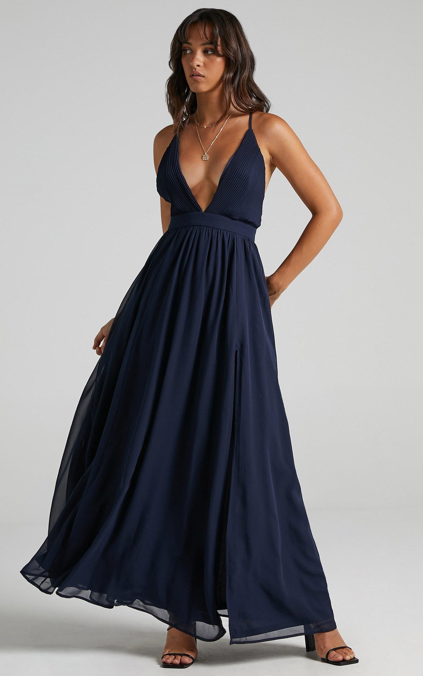 Shes A Delight Midi Dress - Plunge Thigh Split Dress in Navy