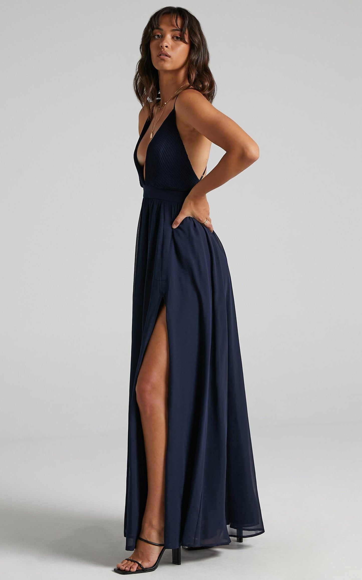Shes A Delight Midi Dress - Plunge Thigh Split Dress in Navy