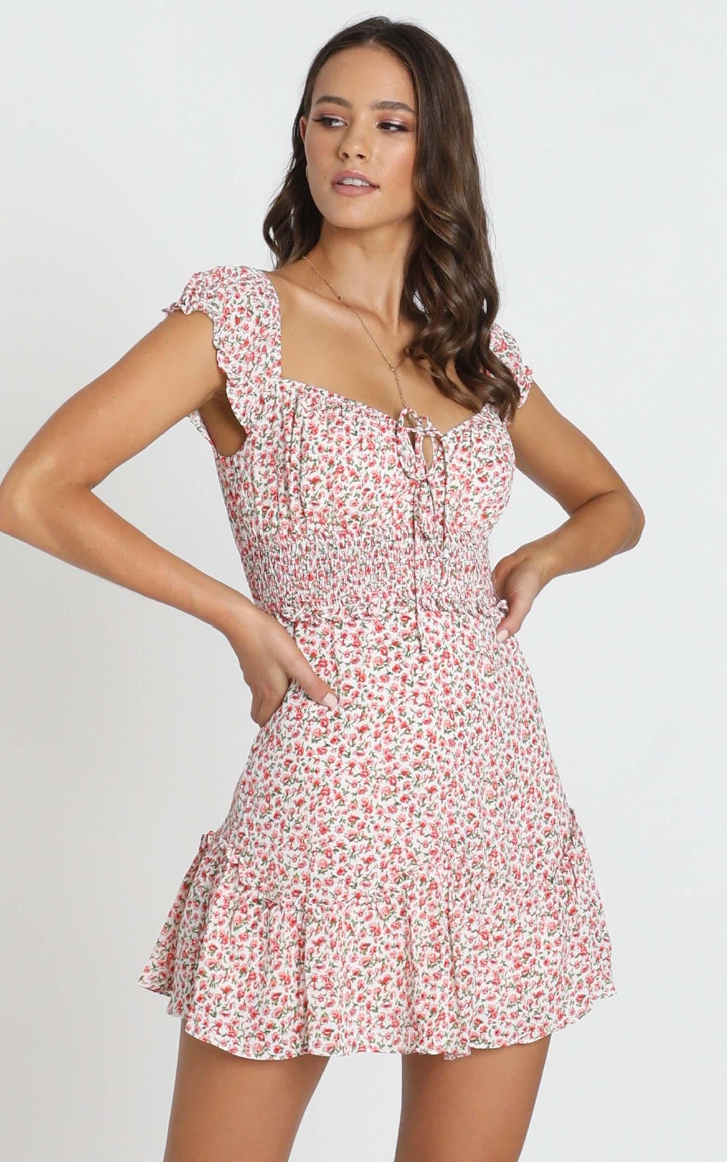 Nikkie Shirred Waist Mini Dress in Red Floral