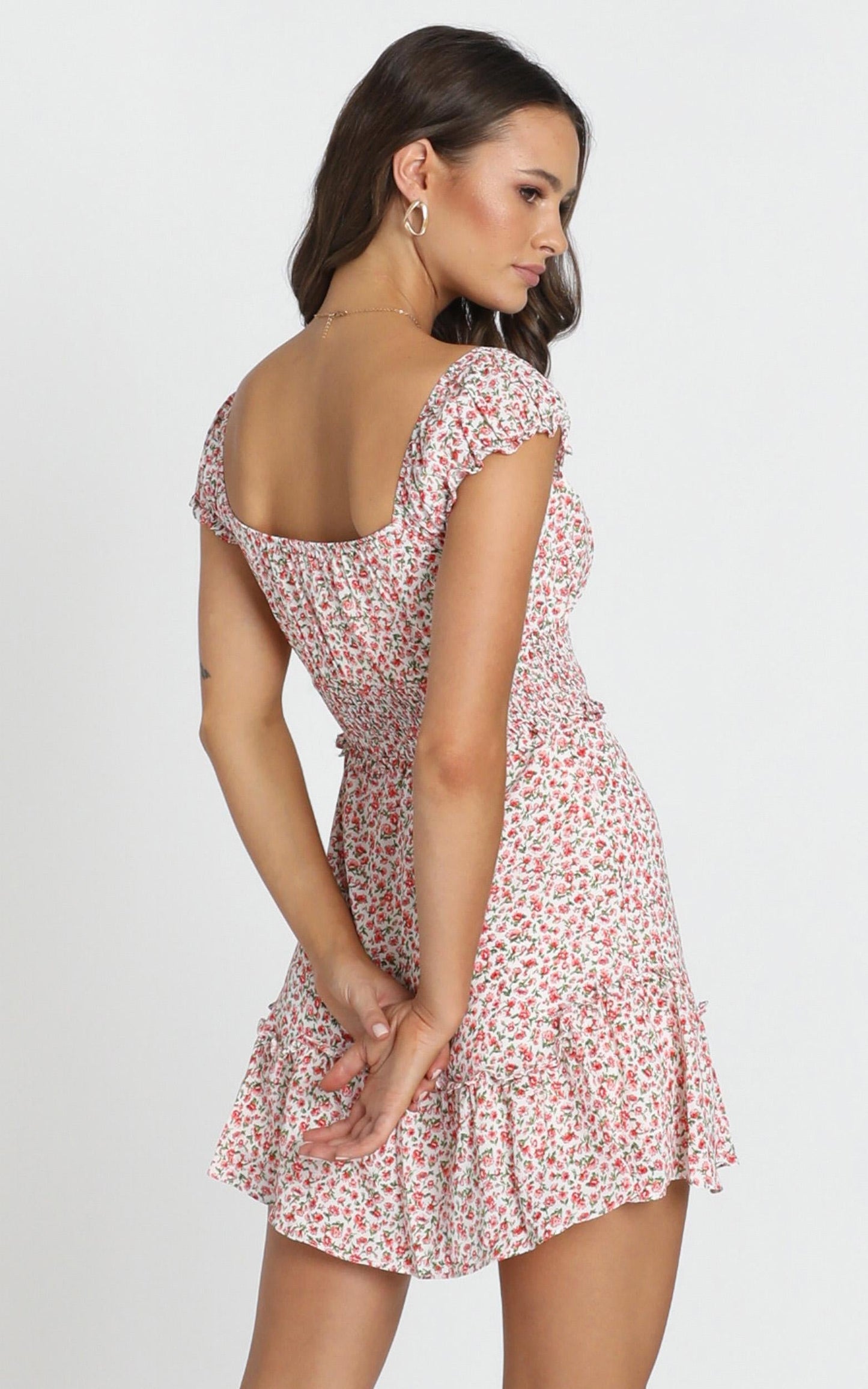 Nikkie Shirred Waist Mini Dress in Red Floral