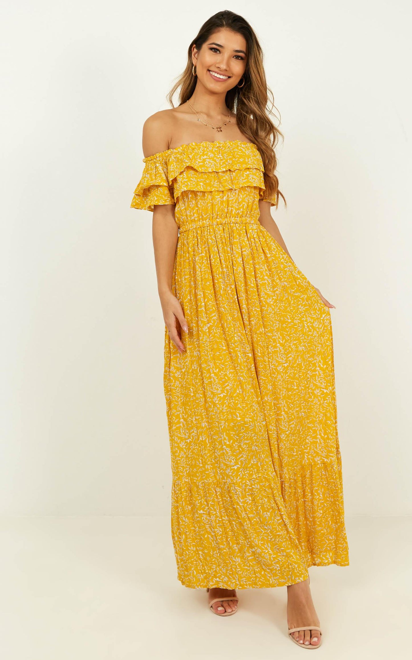 Notre Dame Off Shoulder Maxi Dress in Yellow Floral