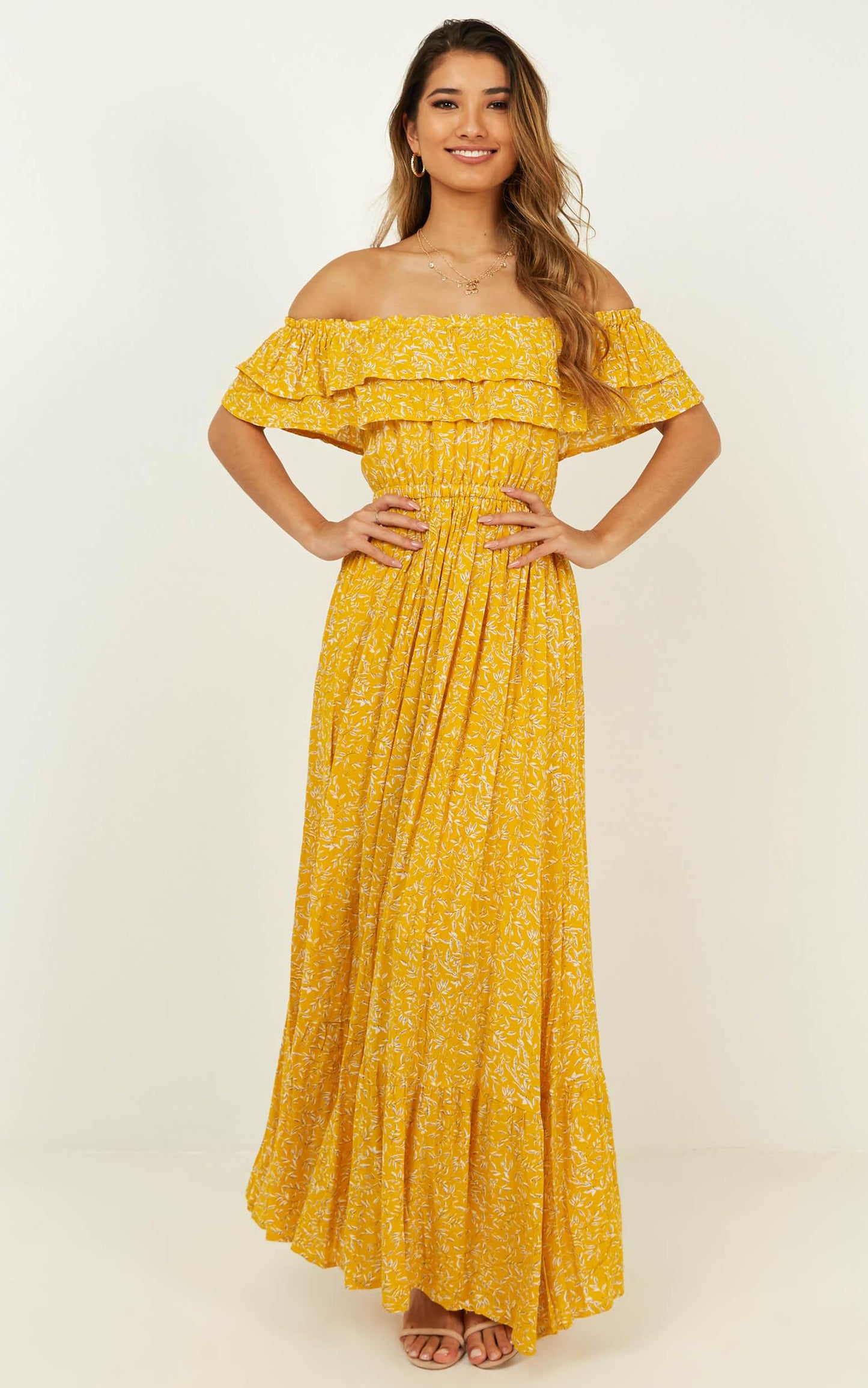 Notre Dame Off Shoulder Maxi Dress in Yellow Floral