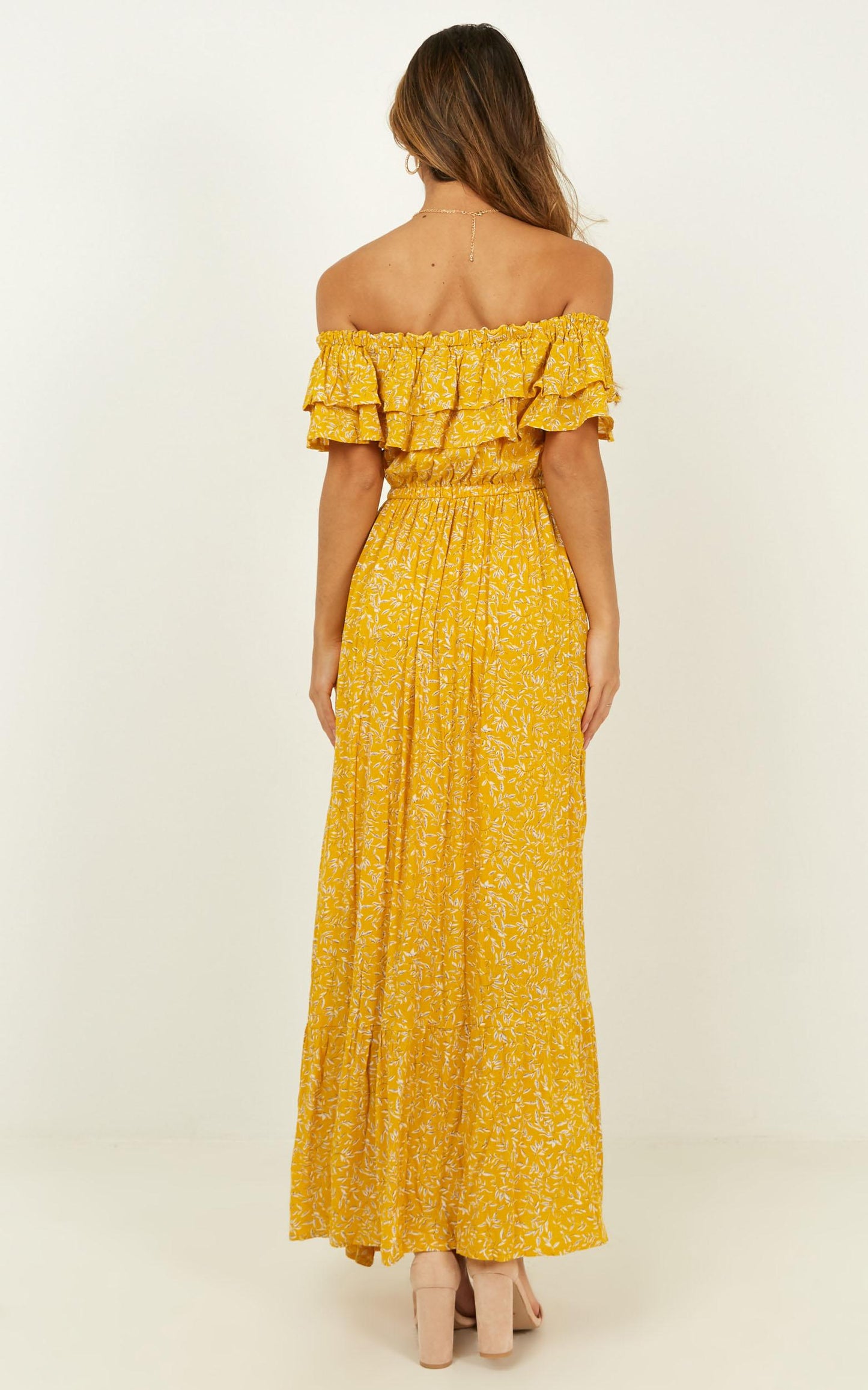 Notre Dame Off Shoulder Maxi Dress in Yellow Floral