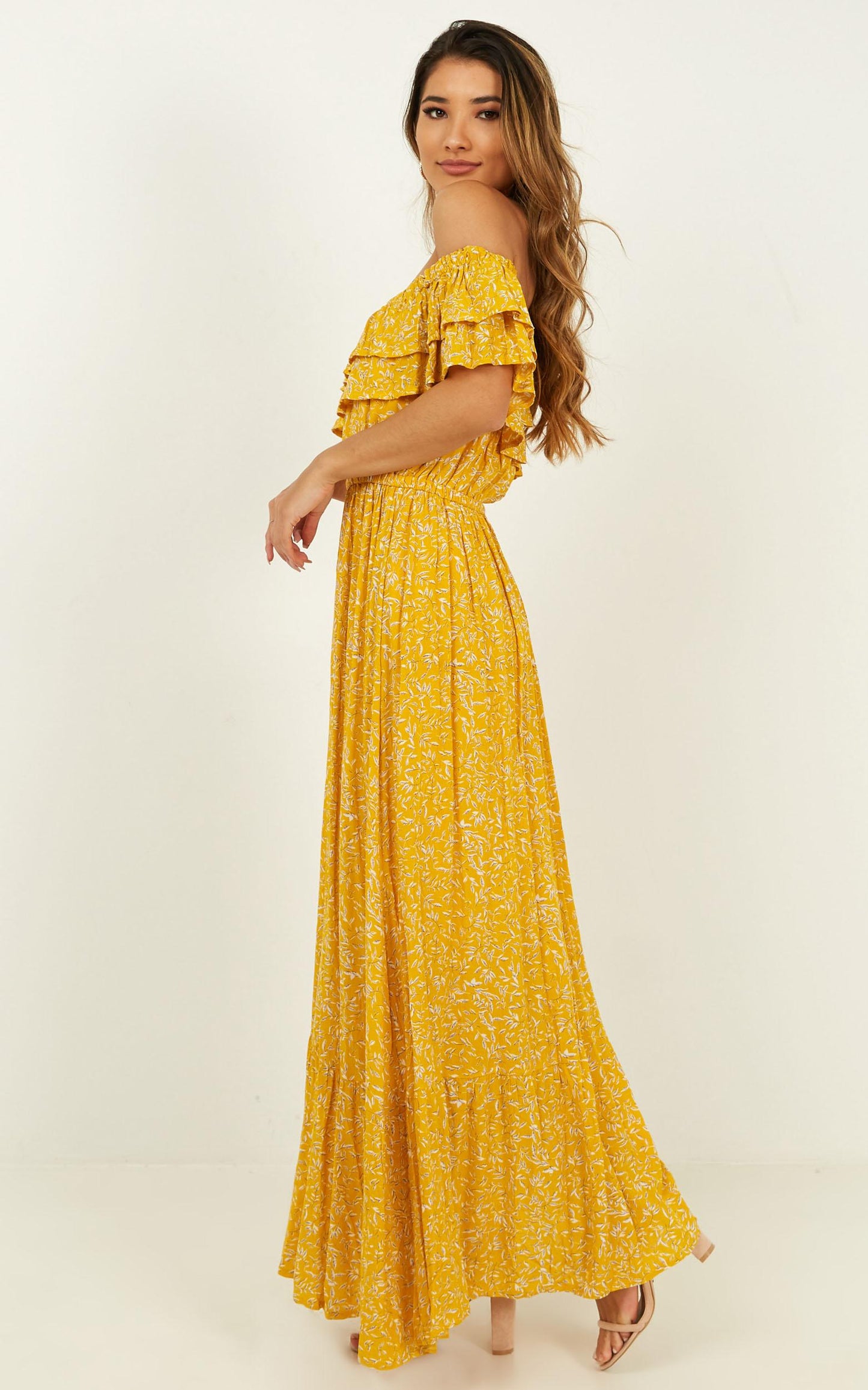Notre Dame Off Shoulder Maxi Dress in Yellow Floral