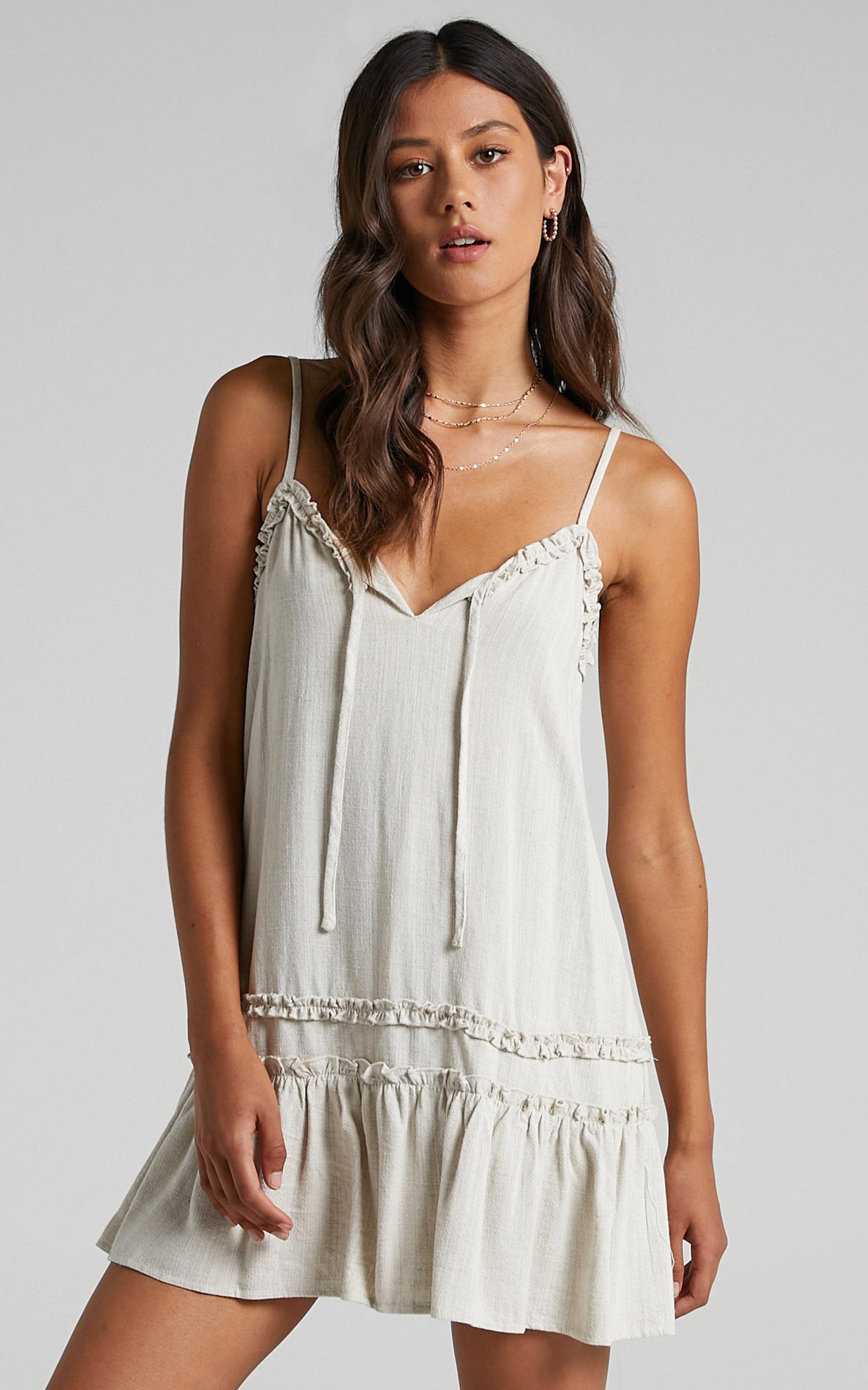 Olinda Ruffle Trim Mini Dress in Natural Linen Look