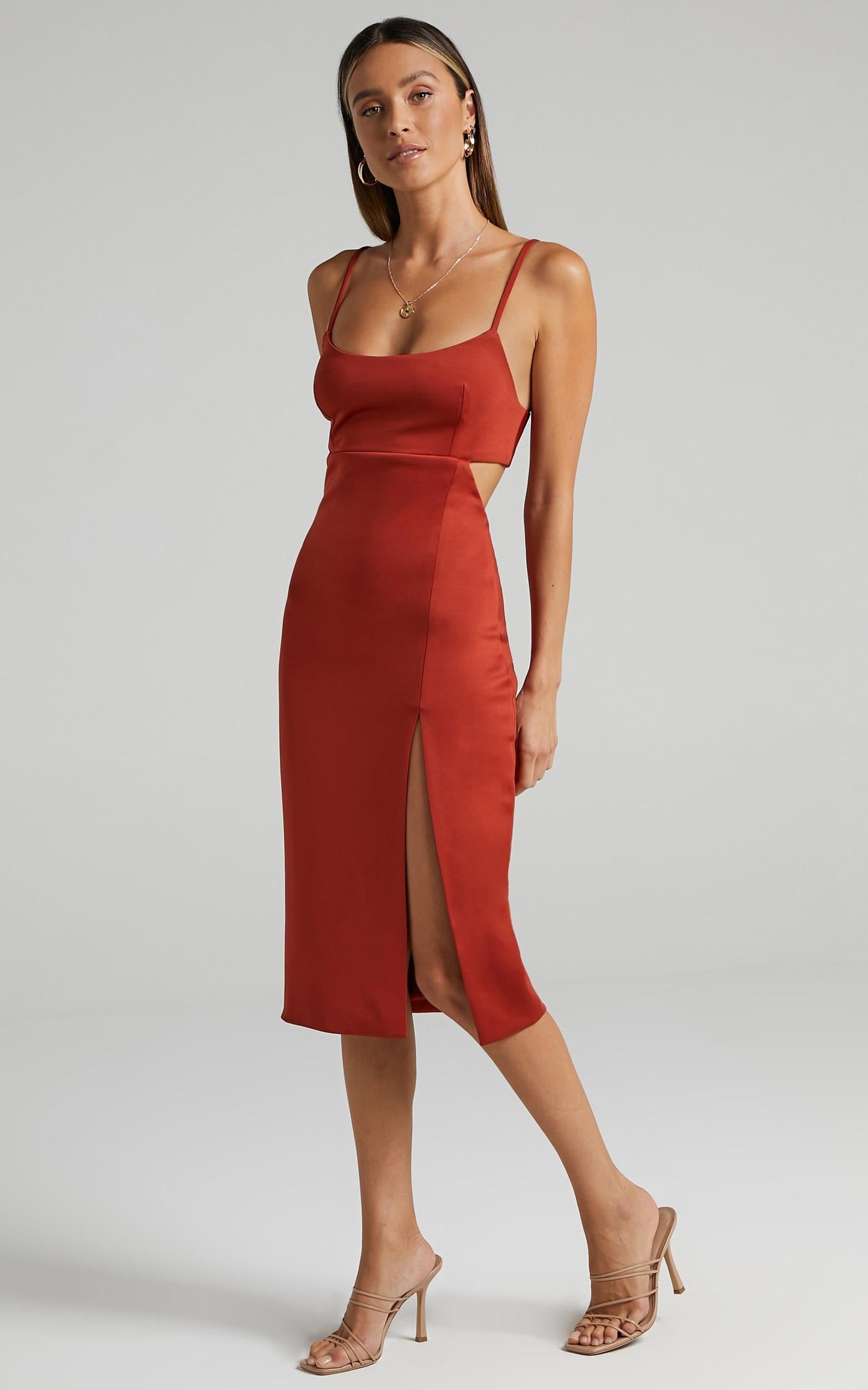Odette Open Back Midi Dress in Rust